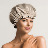 Champagne and Black Reversible Bonnet with Thin Ties - NOCHKA