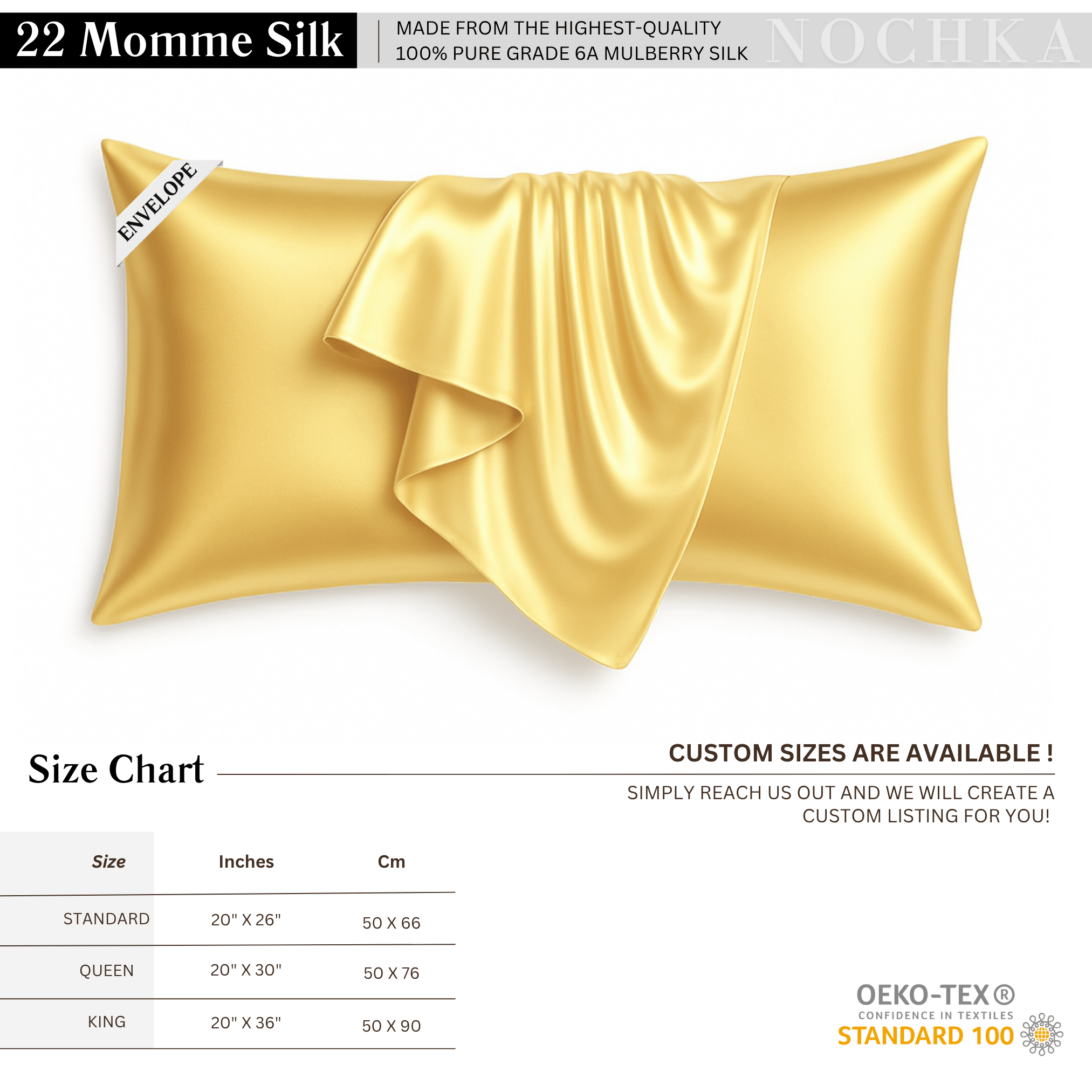Gold 100% Pure Mulberry Silk Pillowcase - Envelope - NOCHKA