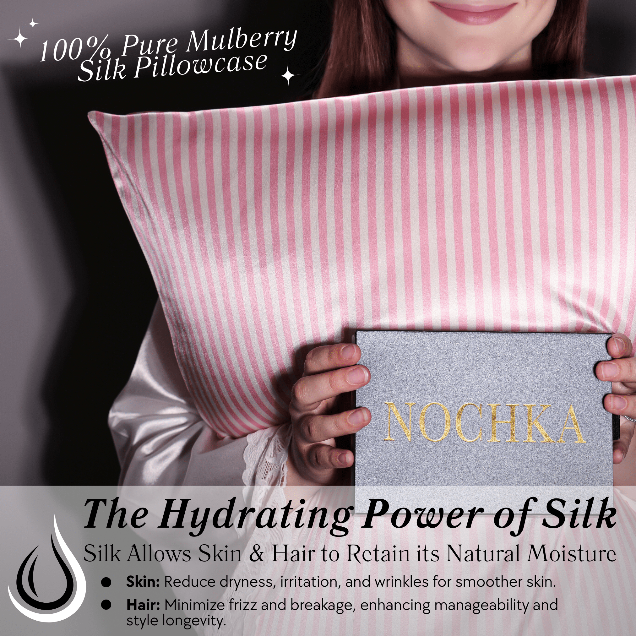 Pink Striped 100% Pure Mulberry Silk Pillowcase - Envelope - NOCHKA
