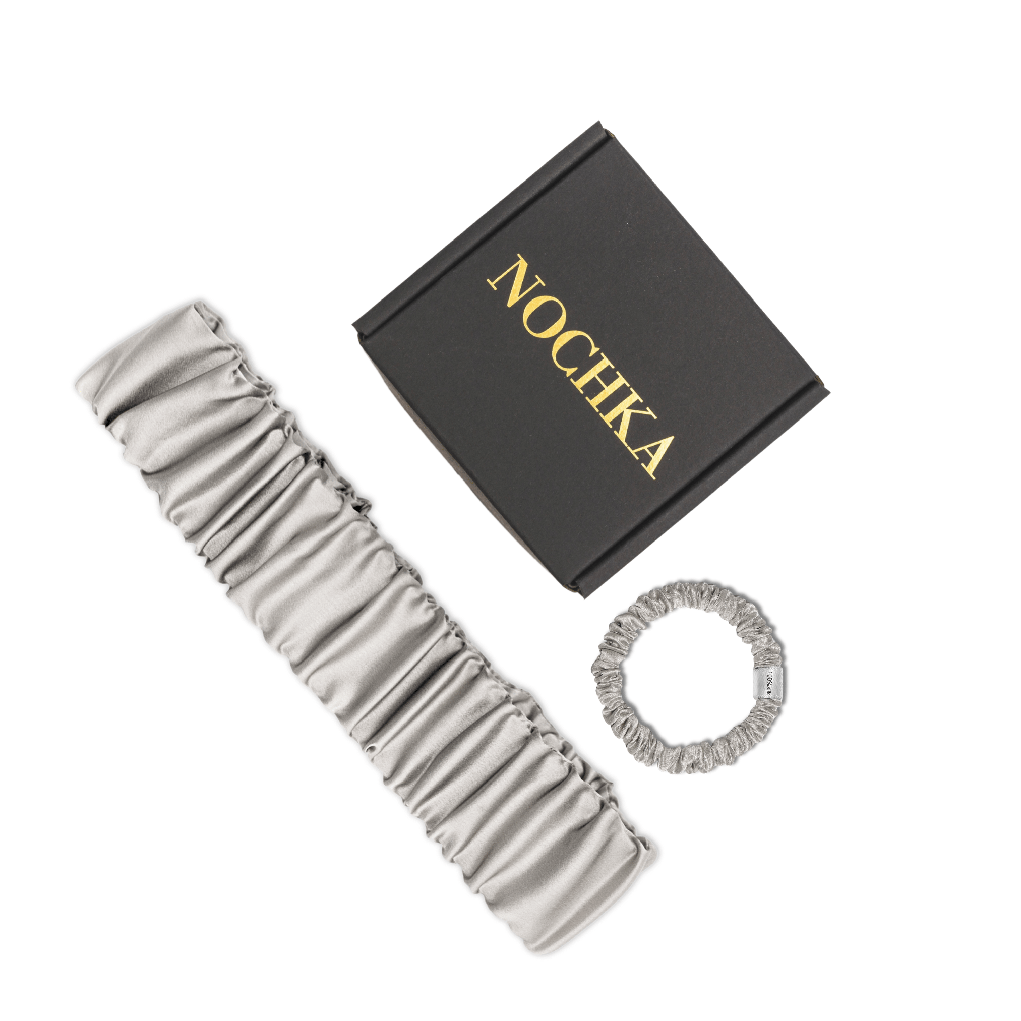 Silver Mulberry Silk Headband with Ultra Thin Scrunchie - NOCHKA