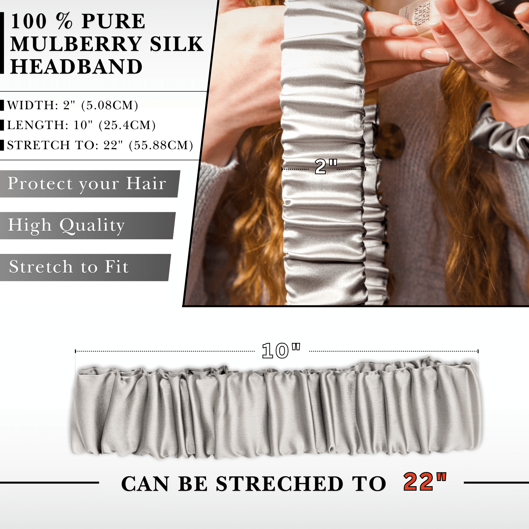 Silver Mulberry Silk Headband with Ultra Thin Scrunchie - NOCHKA