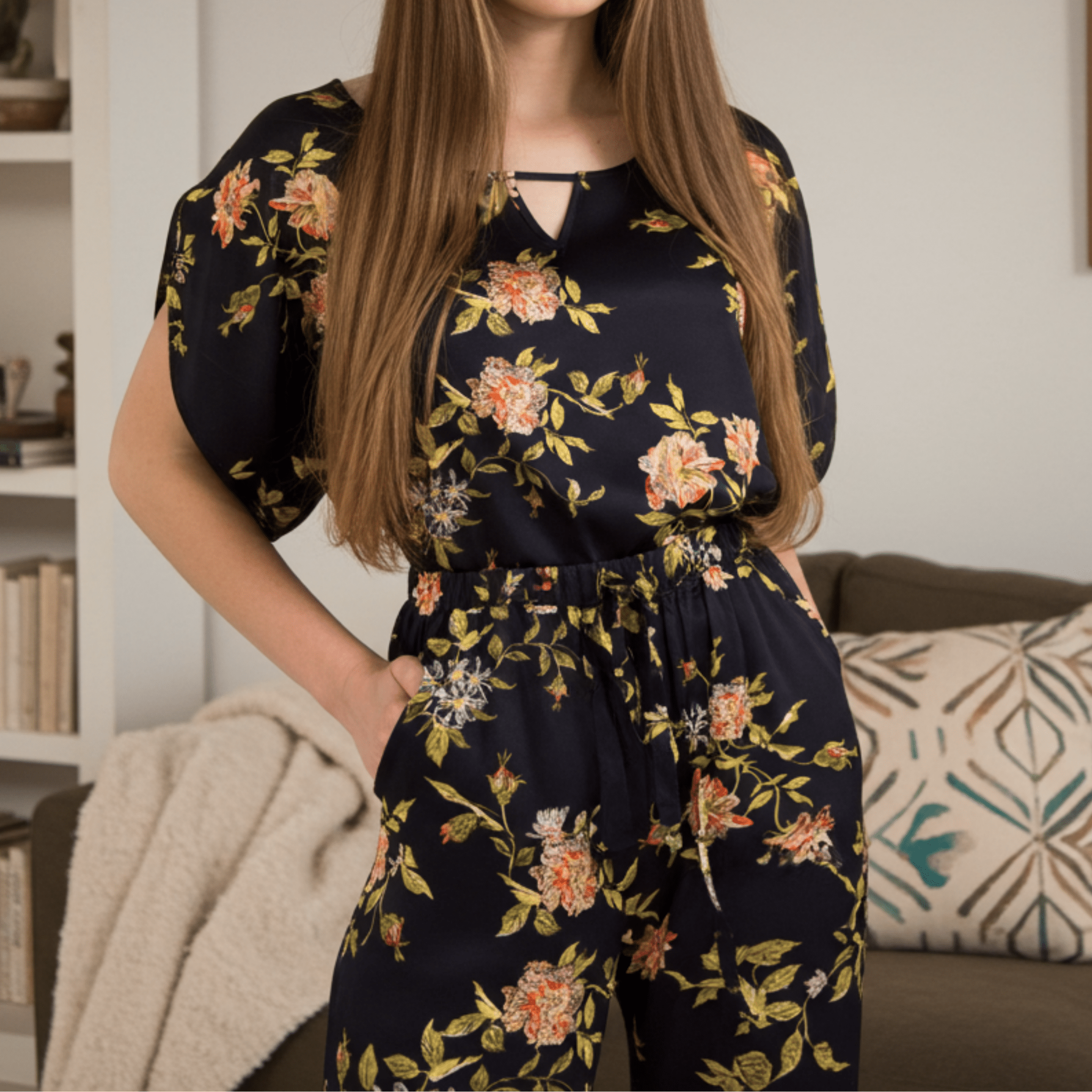 Wild Rose Washable Mulberry Silk Pajama Set (19 Momme, 6A) — Handmade in USA | Loose Tee + Tie - Waist Pants by Nochka - NOCHKA