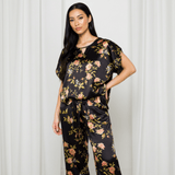 Wild Rose Washable Mulberry Silk Pajama Set (19 Momme, 6A) — Handmade in USA | Loose Tee + Tie - Waist Pants by Nochka - NOCHKA