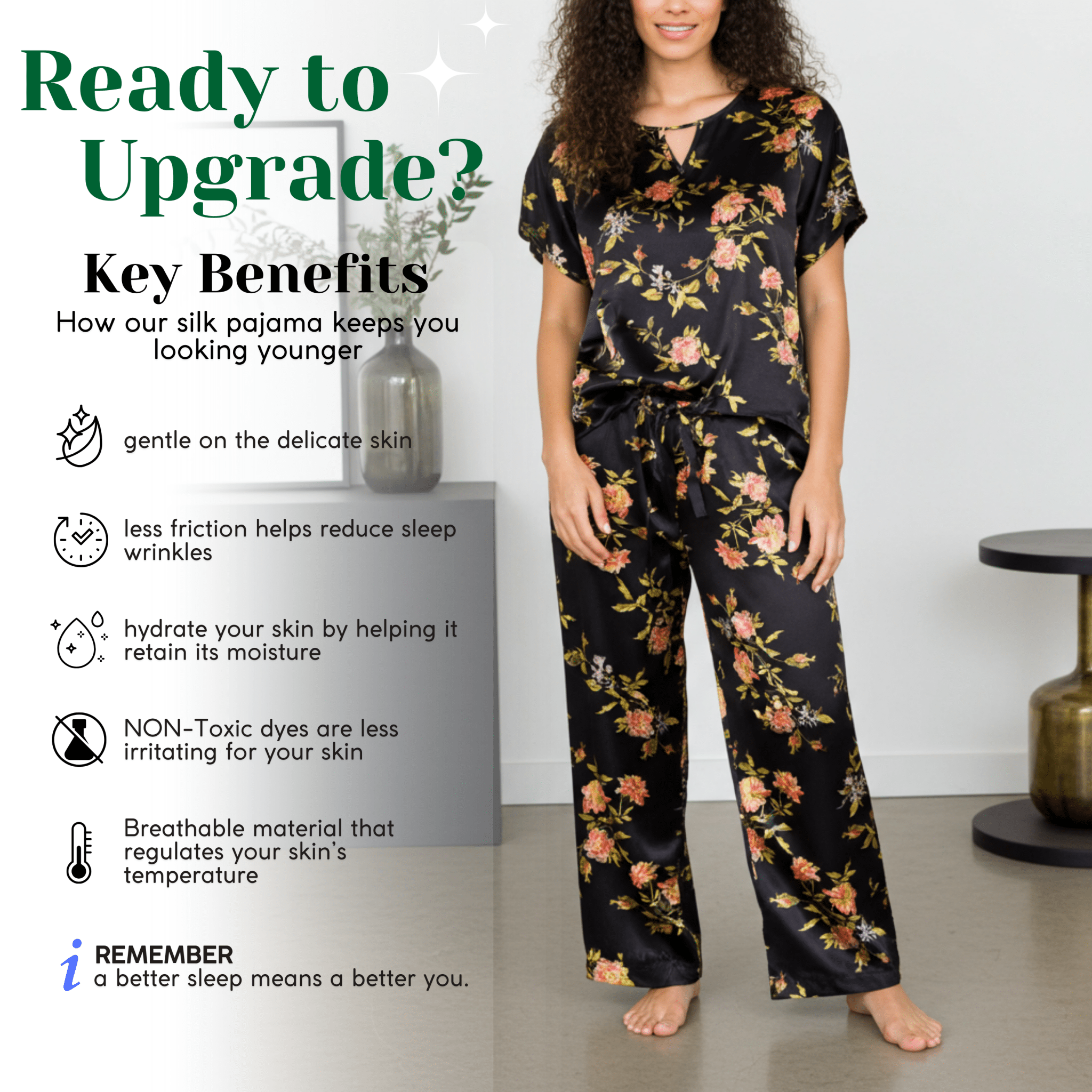 Wild Rose Washable Mulberry Silk Pajama Set (19 Momme, 6A) — Handmade in USA | Loose Tee + Tie - Waist Pants by Nochka - NOCHKA