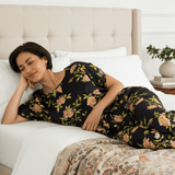 Wild Rose Washable Mulberry Silk Pajama Set (19 Momme, 6A) — Handmade in USA | Loose Tee + Tie - Waist Pants by Nochka - NOCHKA