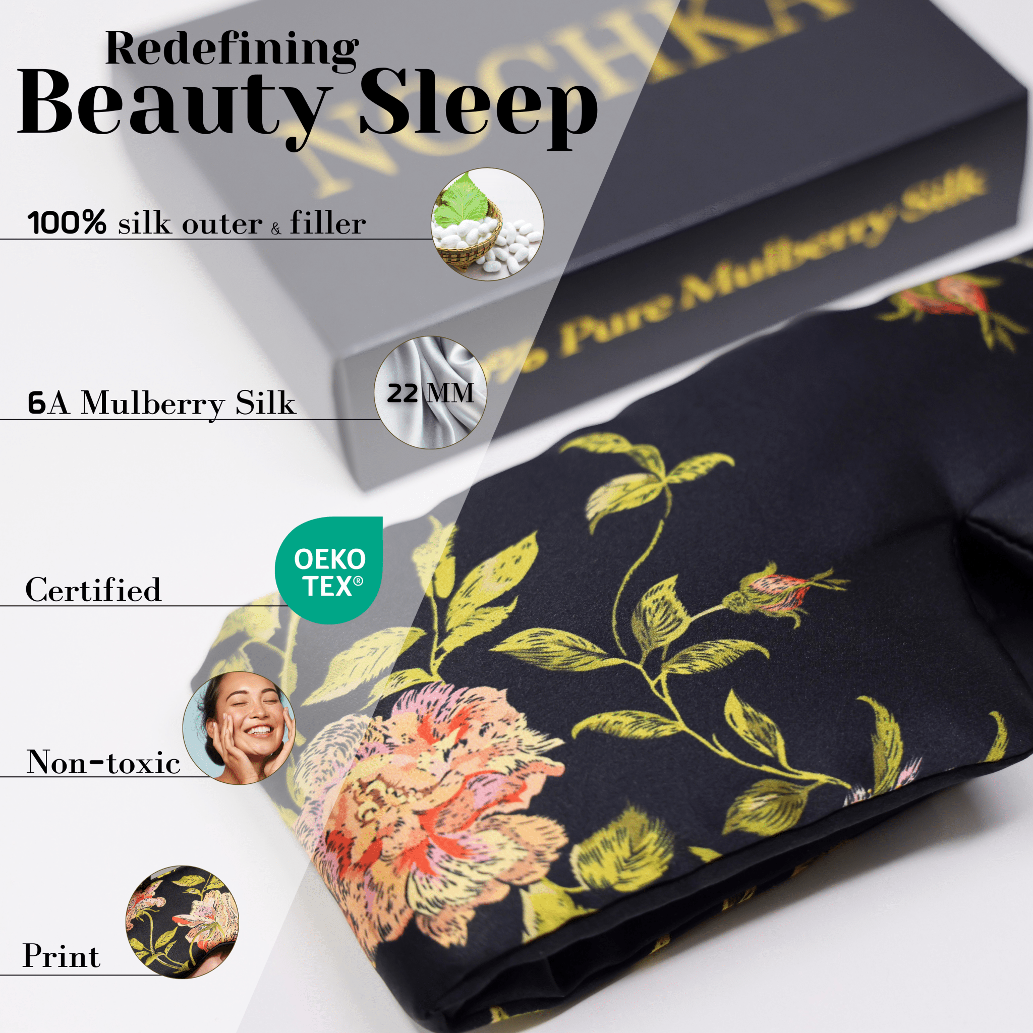 100% Mulberry Silk Eye Mask – Reversible Wild Rose Print & Black – VELCRO, 6A Grade Silk, Handmade Luxury Sleep Aid - NOCHKA
