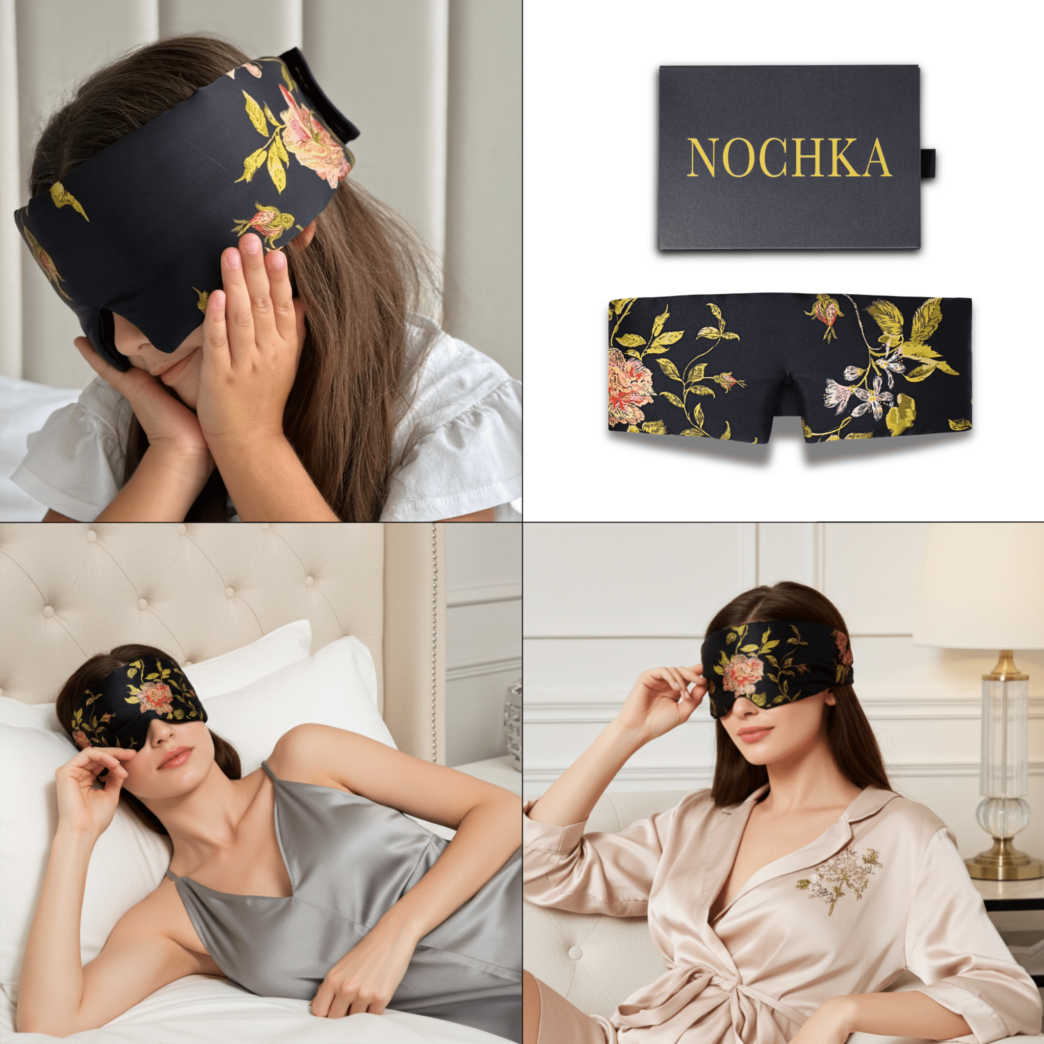100% Mulberry Silk Eye Mask – Reversible Wild Rose Print & Black – VELCRO, 6A Grade Silk, Handmade Luxury Sleep Aid - NOCHKA
