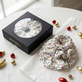 NOCHKA Christmas Lights on White Print of Silk Scrunchies – Ultra Thin, Skinny, Regular & Jumbo
