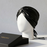 Black Mulberry Silk Turban Bonnet with Thin Ties
