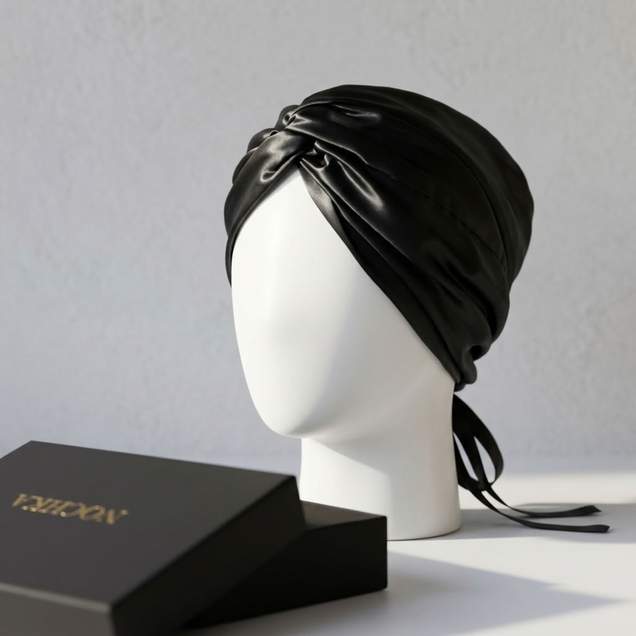 Black Mulberry Silk Turban Bonnet with Thin Ties
