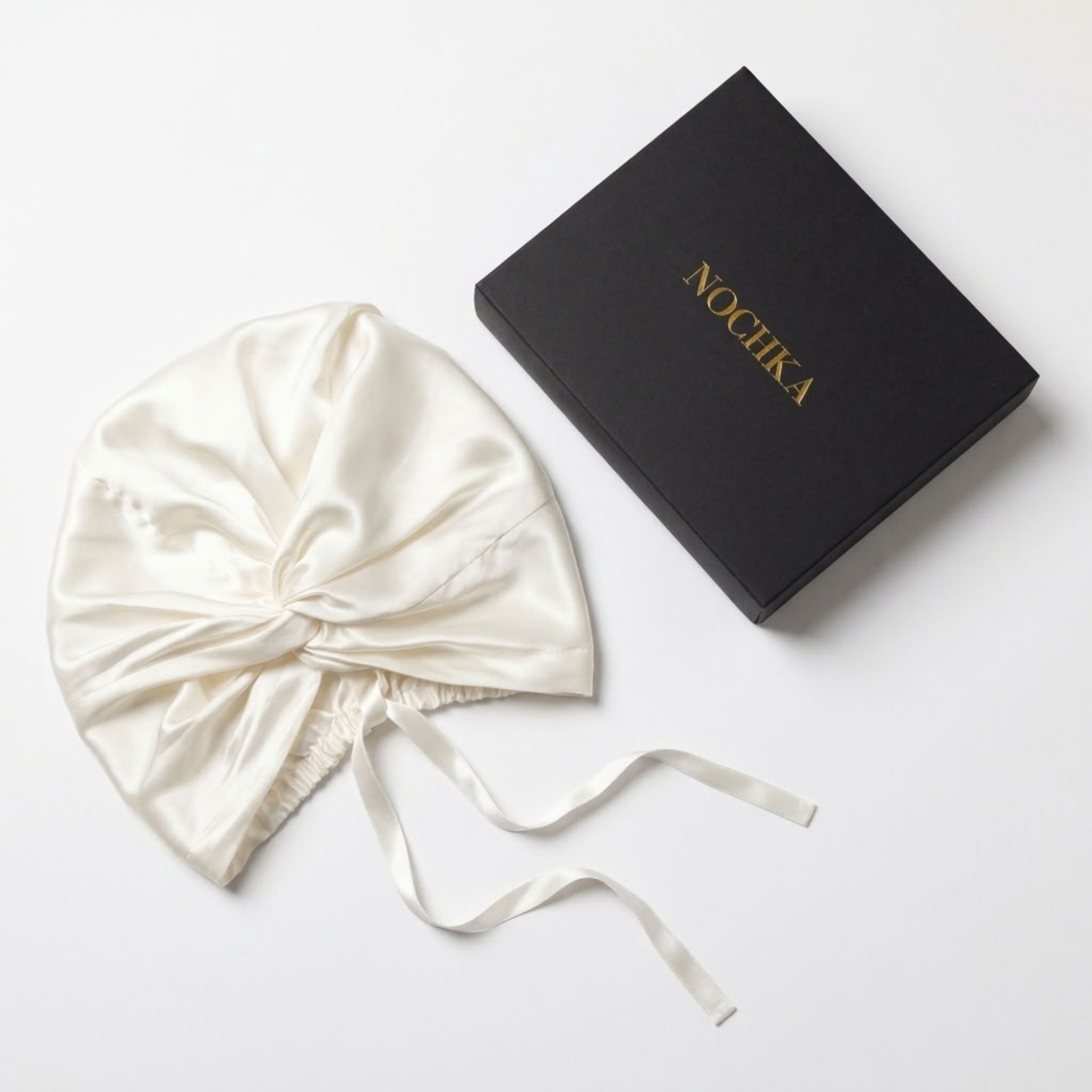 Cream Mulberry Silk Turban Bonnet with Thin Ties
