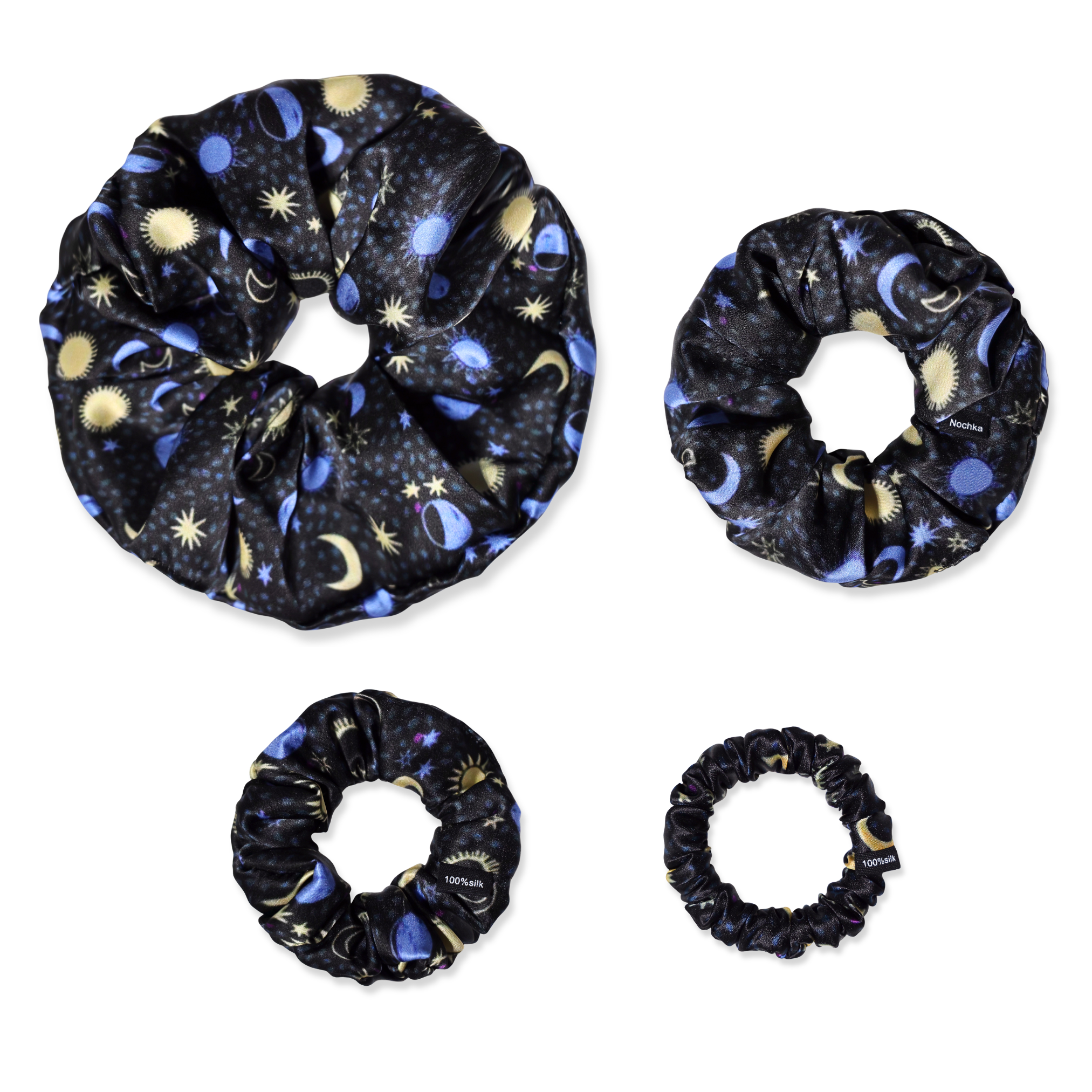 NOCHKA Sun & Moon Print of Silk Scrunchies – Ultra Thin, Skinny, Regular & Jumbo