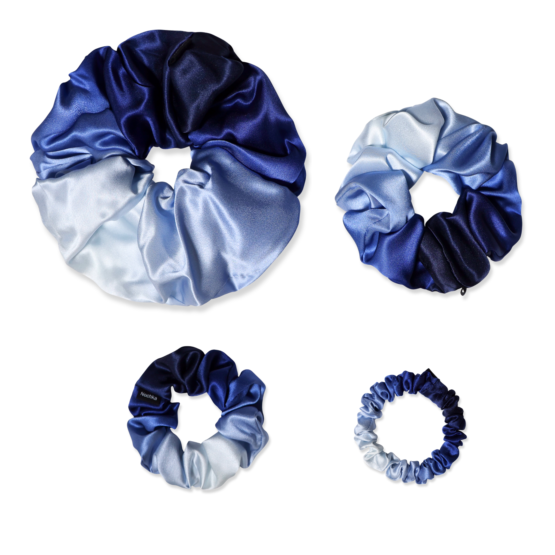 NOCHKA Blue Gradient Print of Silk Scrunchies – Ultra Thin, Skinny, Regular & Jumbo