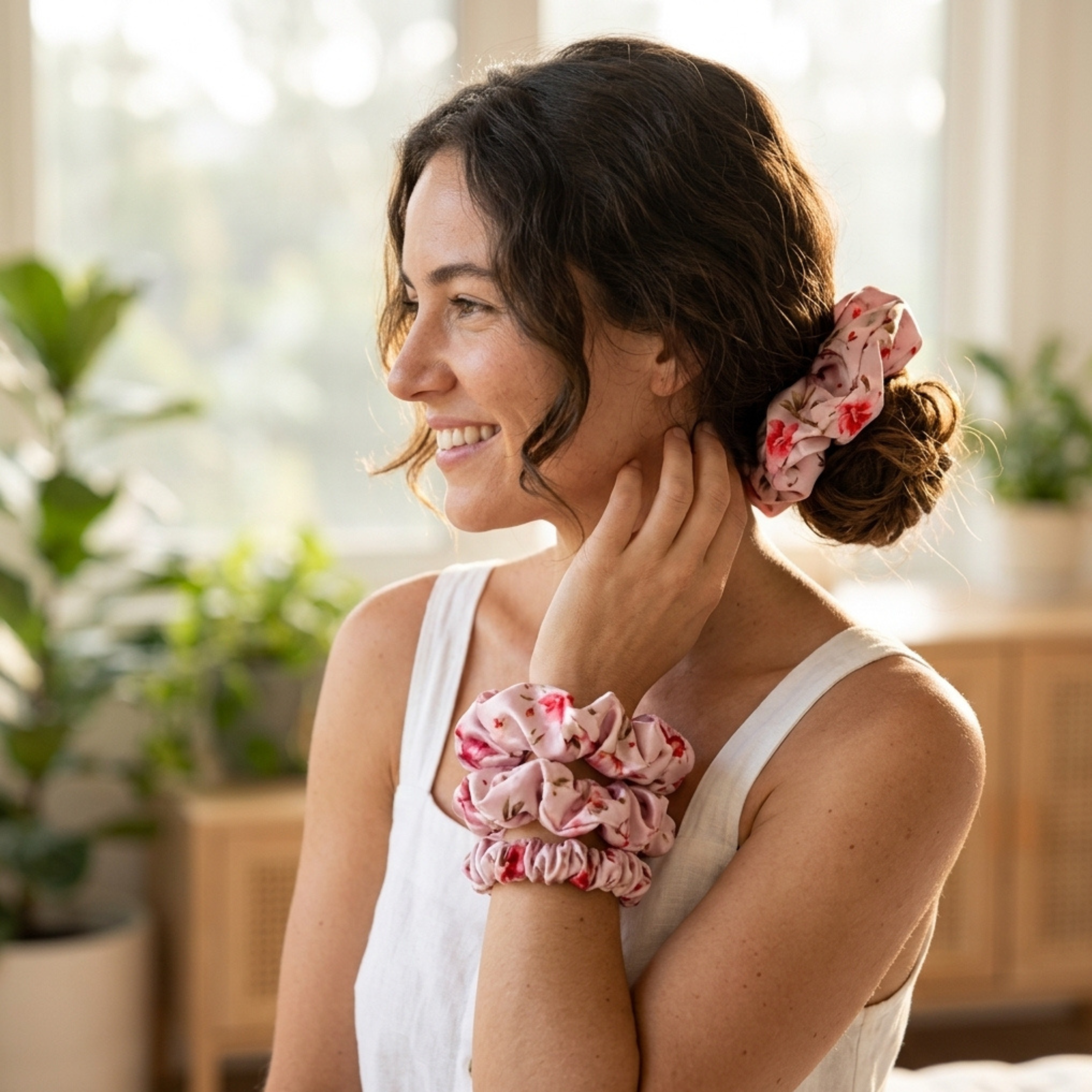 NOCHKA Cherry Blossom Print of Silk Scrunchies – Ultra Thin, Skinny, Regular & Jumbo
