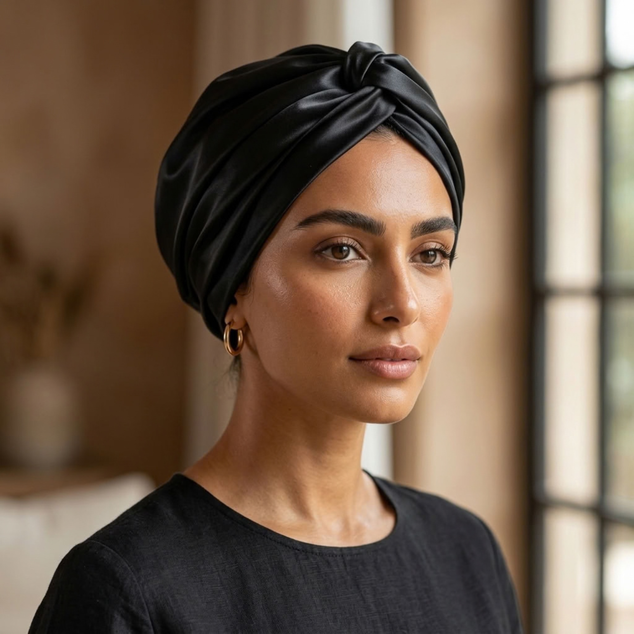 Black Mulberry Silk Turban Bonnet with Thin Ties

