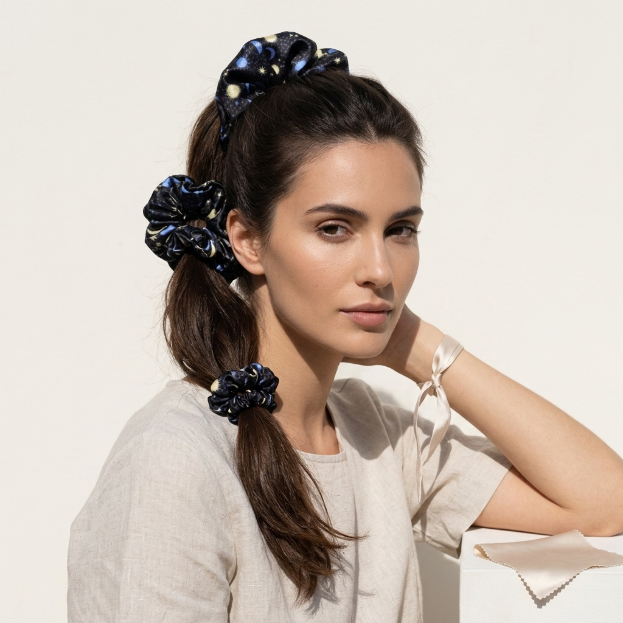 NOCHKA Sun & Moon Print of Silk Scrunchies – Ultra Thin, Skinny, Regular & Jumbo
