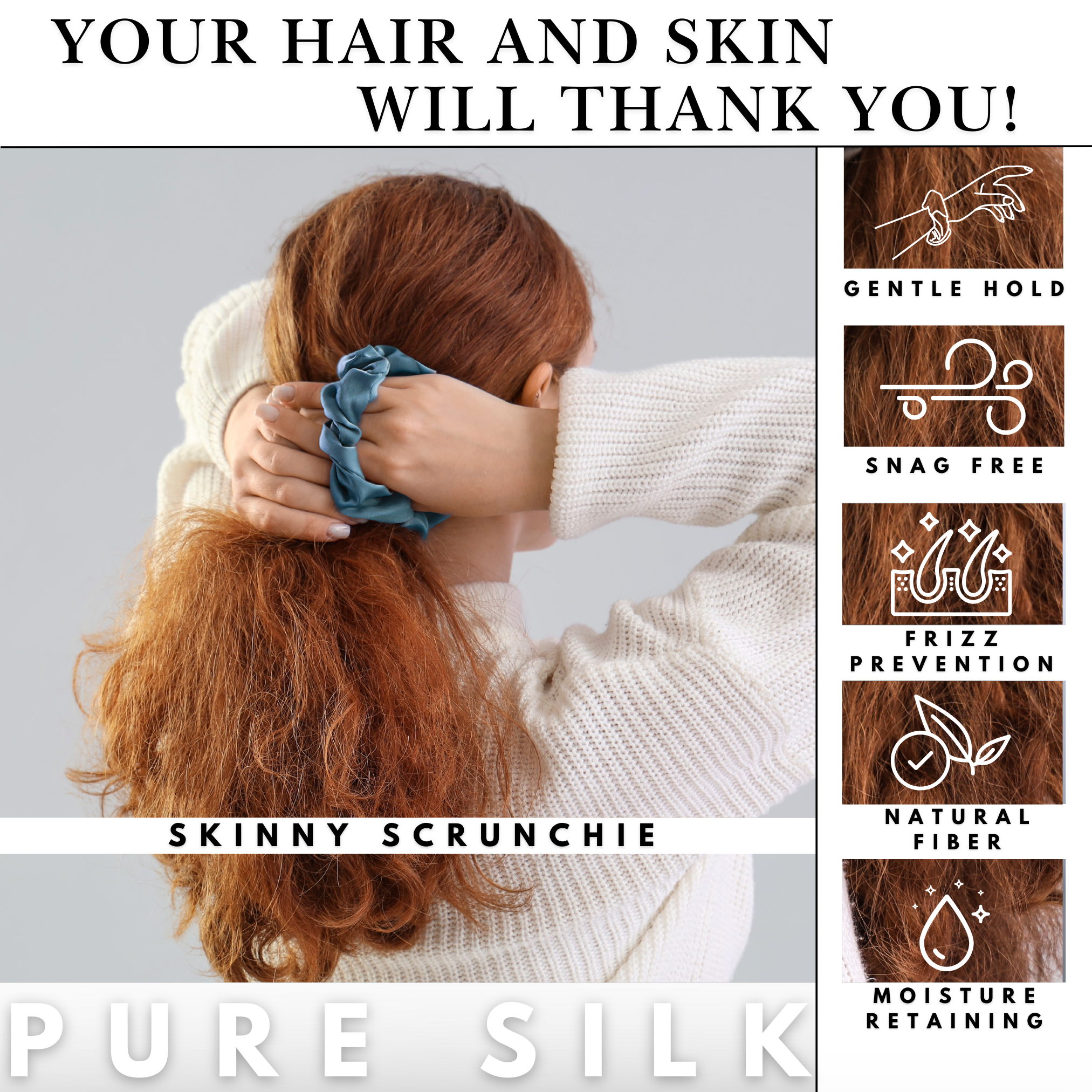 Air Force Skinny Scrunchie – 100% Pure Mulberry Silk, Perfect for All Hair Types
