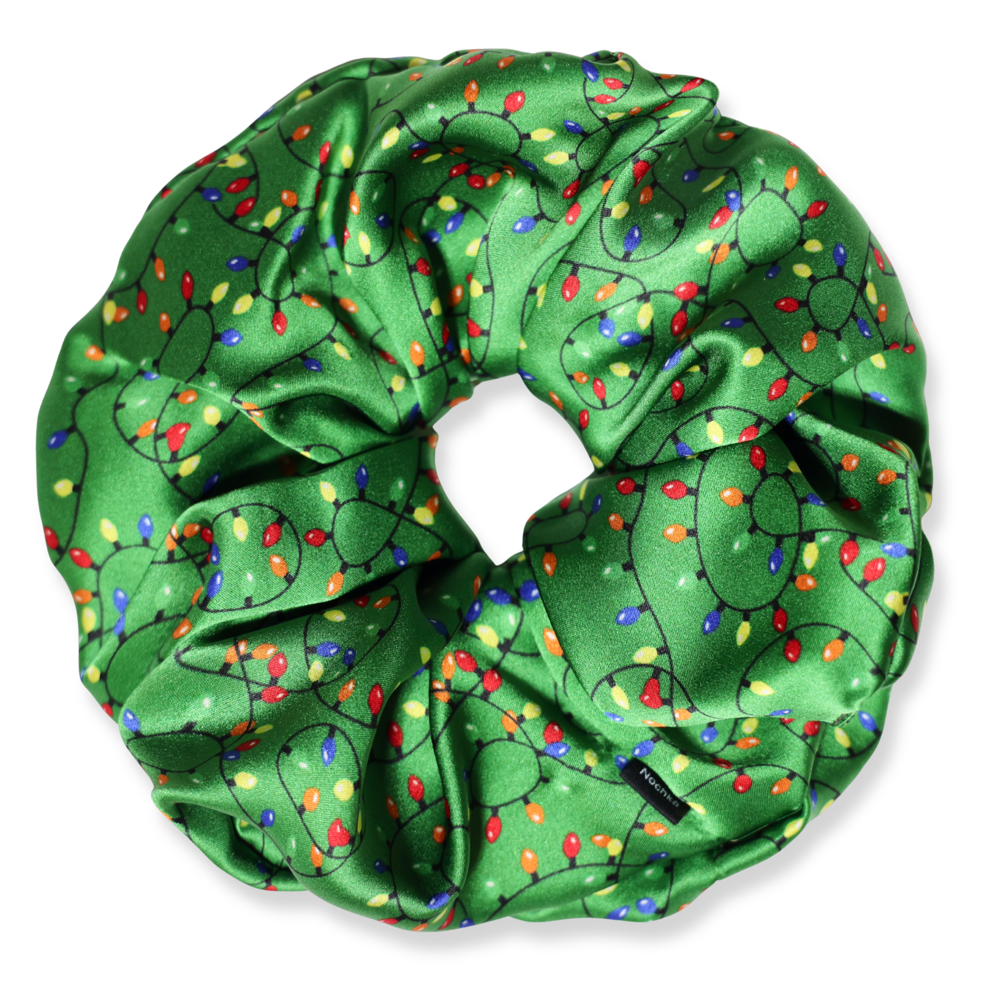 NOCHKA Christmas Lights on Green Print of Silk Scrunchies – Ultra Thin, Skinny, Regular & Jumbo