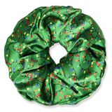 NOCHKA Christmas Lights on Green Print of Silk Scrunchies – Ultra Thin, Skinny, Regular & Jumbo
