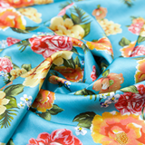 Vintage Peonies Print on Blue 100% Pure Mulberry Silk Fabric 19mm 54" Width Pre-Cut Silk Fabric
