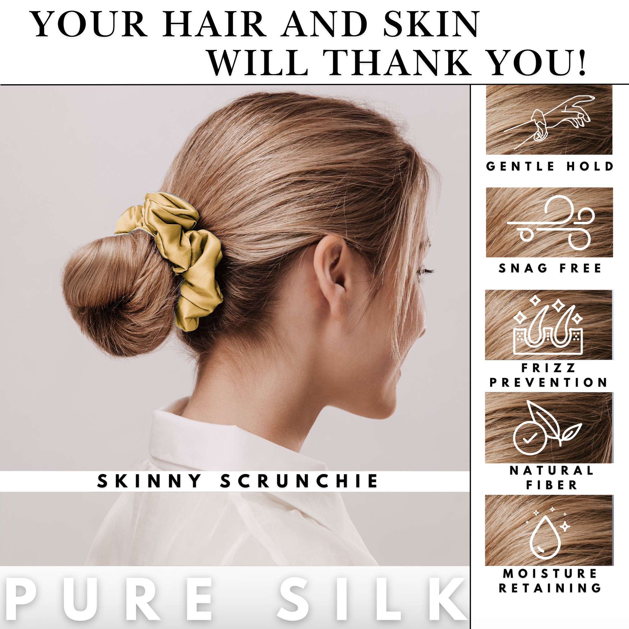 Gold Regular Scrunchie – 100% Pure Mulberry Silk, Perfect for All Hair Types
