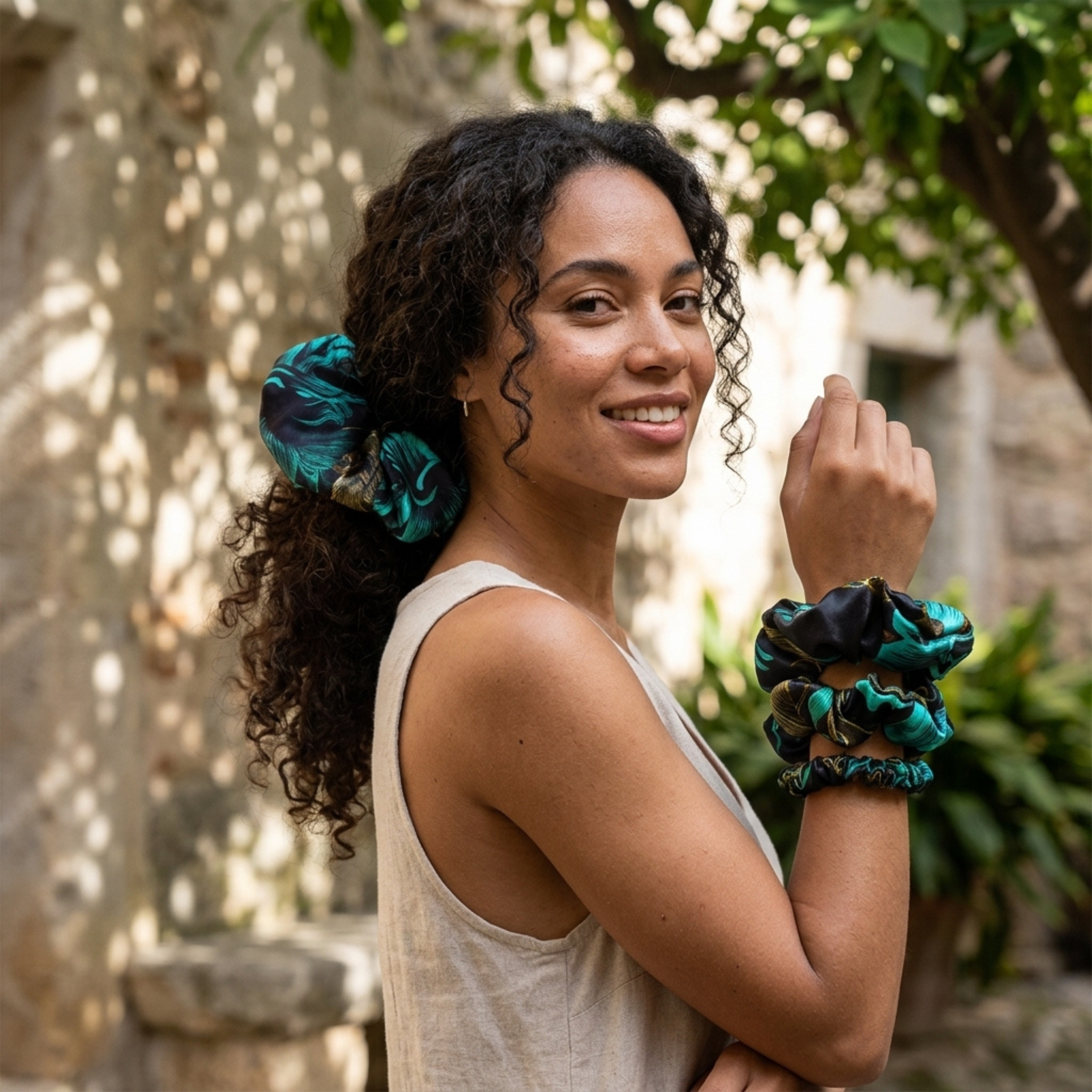 NOCHKA Chrysanthemum Print of Silk Scrunchies – Ultra Thin, Skinny, Regular & Jumbo
