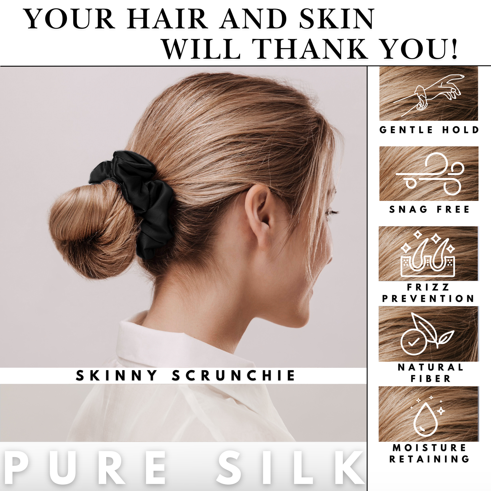 Black Regular Scrunchie – 100% Pure Mulberry Silk, Perfect for All Hair Types
