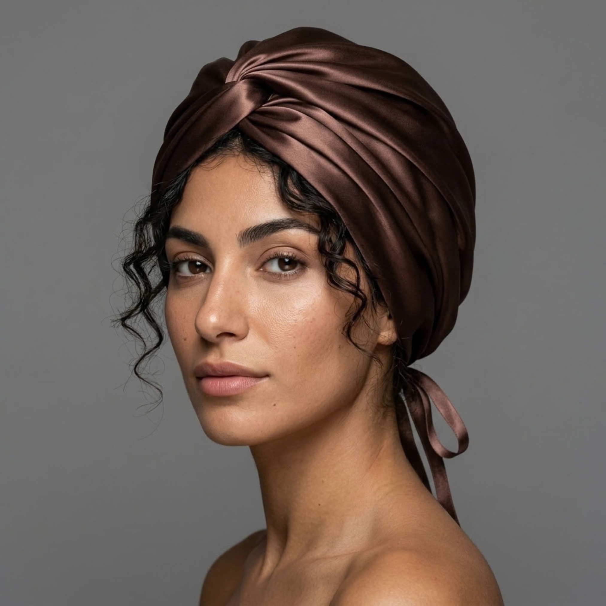 Latte Mulberry Silk Turban Bonnet with Thin Ties
