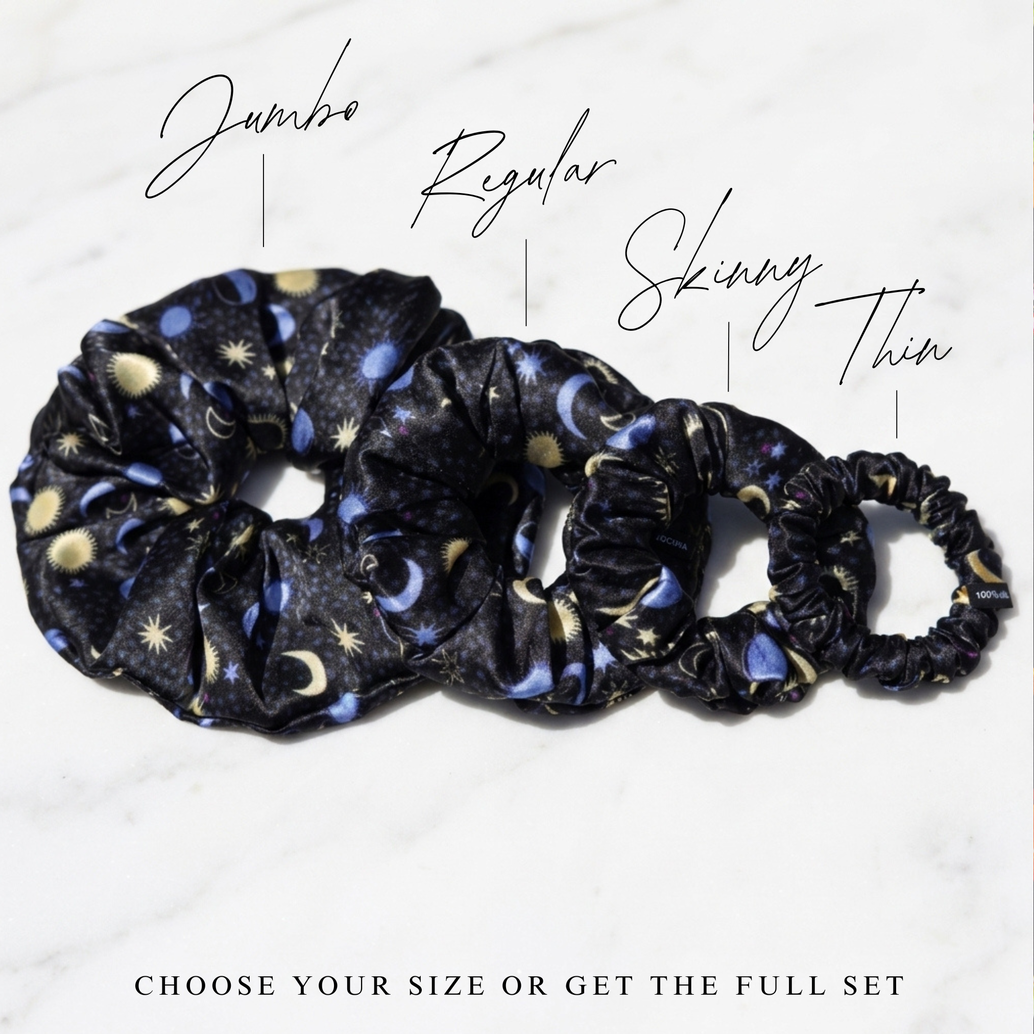NOCHKA Sun & Moon Print of Silk Scrunchies – Ultra Thin, Skinny, Regular & Jumbo

