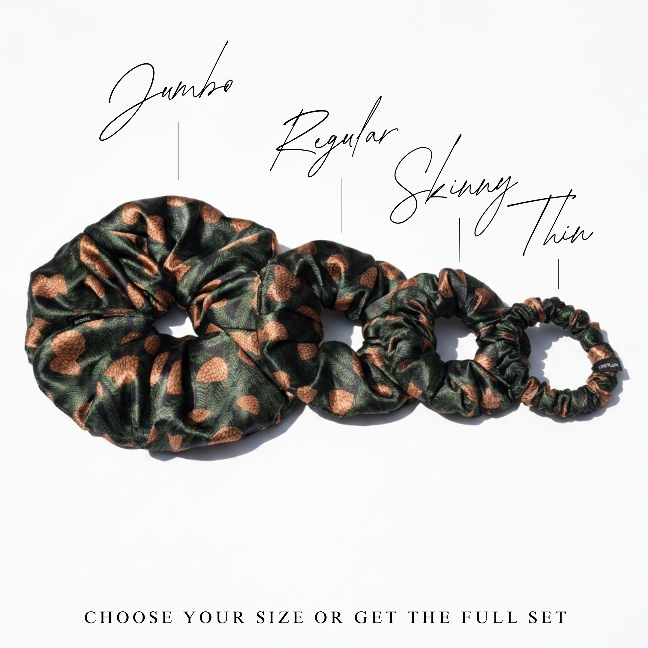 NOCHKA Pine Tree Print of Silk Scrunchies – Ultra Thin, Skinny, Regular & Jumbo
