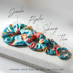 NOCHKA Peonies on Aqua Print of Silk Scrunchies – Ultra Thin, Skinny, Regular & Jumbo
