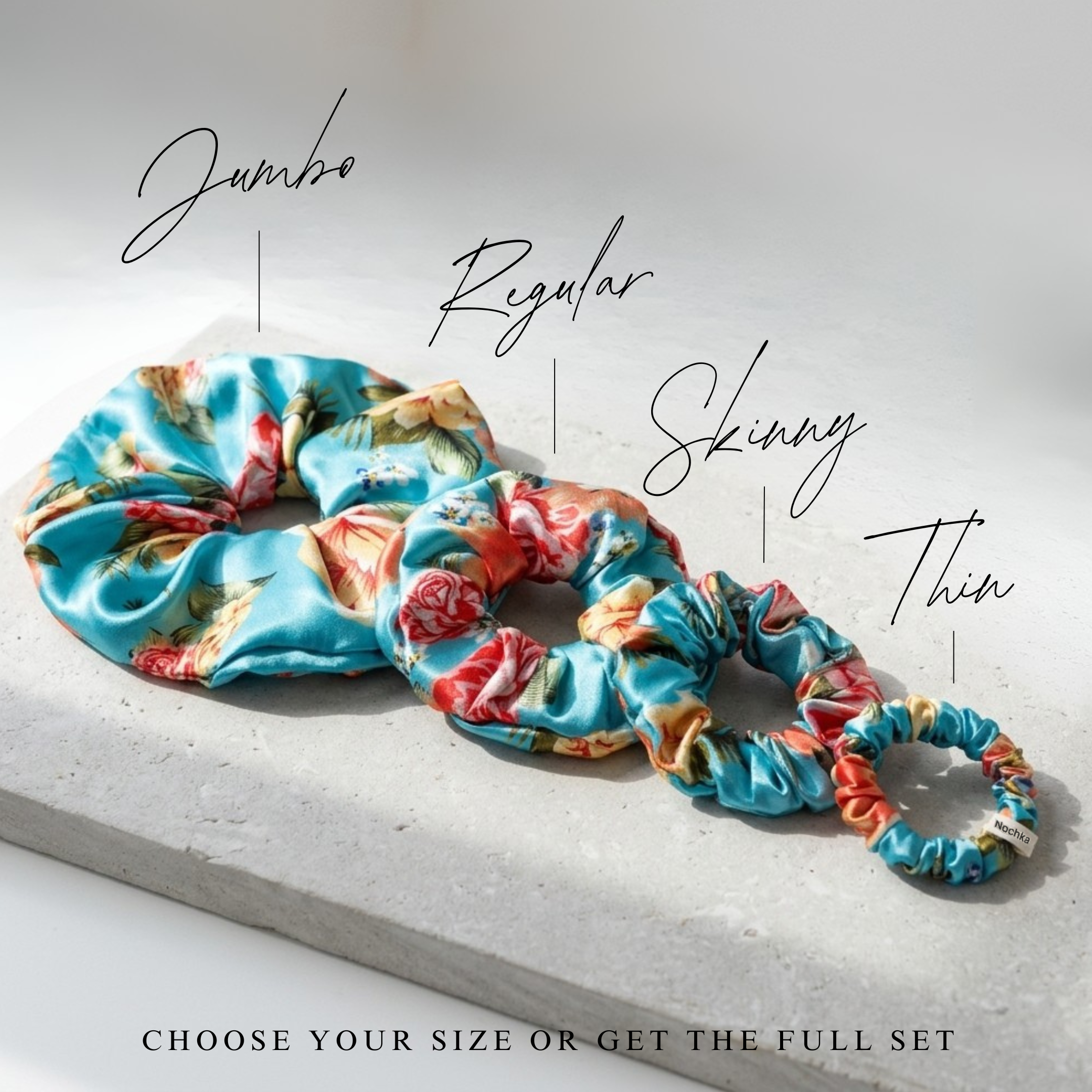 NOCHKA Peonies on Aqua Print of Silk Scrunchies – Ultra Thin, Skinny, Regular & Jumbo
