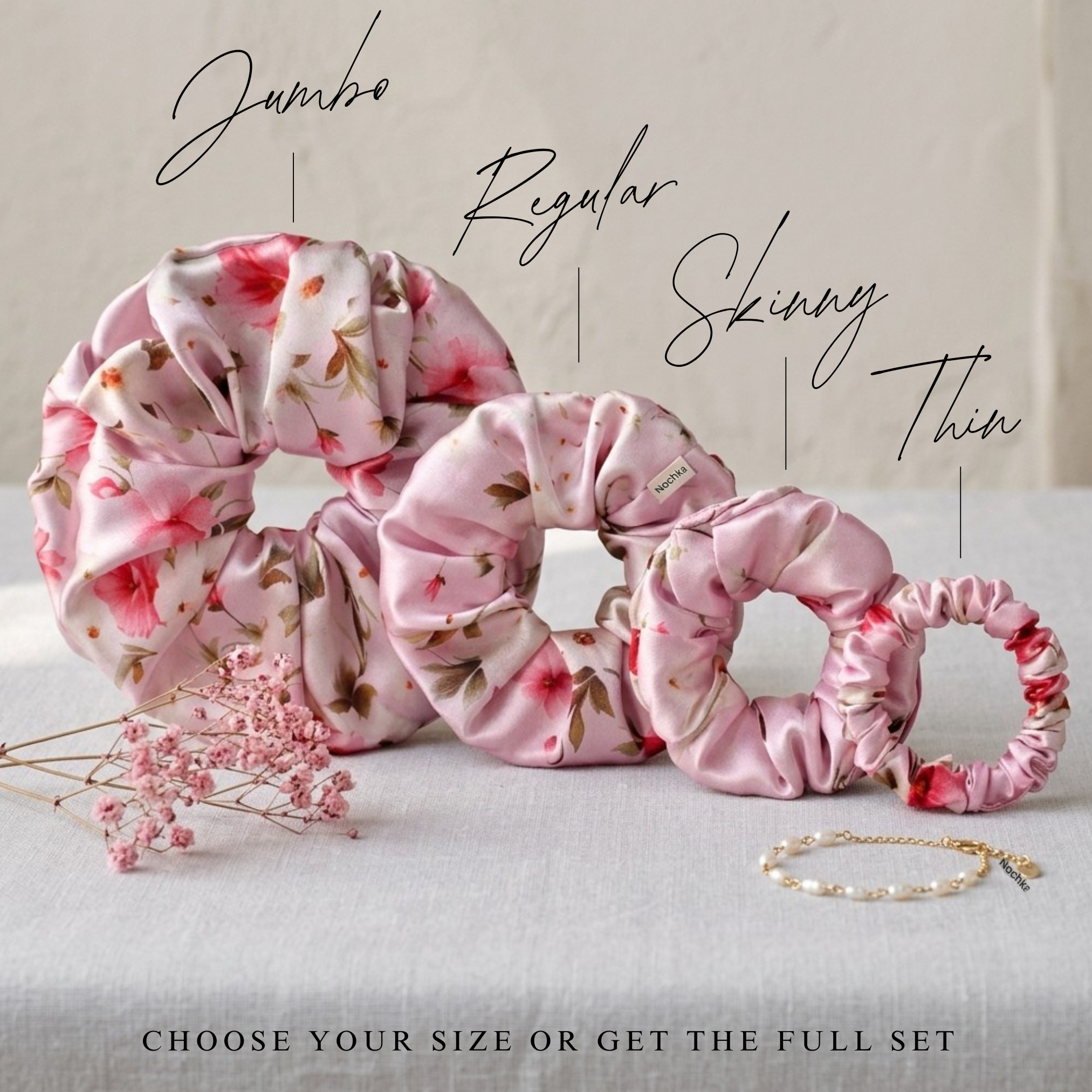 NOCHKA Cherry Blossom Print of Silk Scrunchies – Ultra Thin, Skinny, Regular & Jumbo
