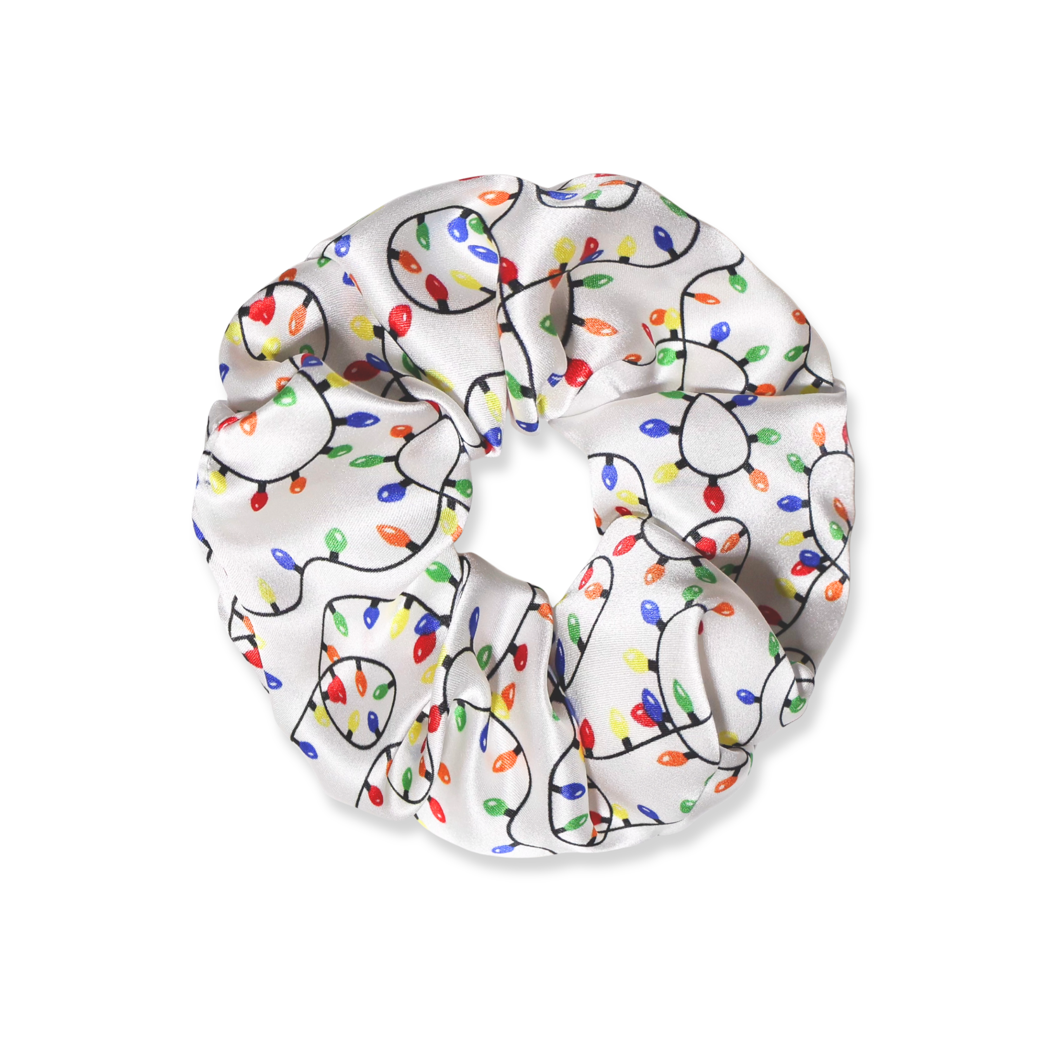 NOCHKA Christmas Lights on White Print of Silk Scrunchies – Ultra Thin, Skinny, Regular & Jumbo
