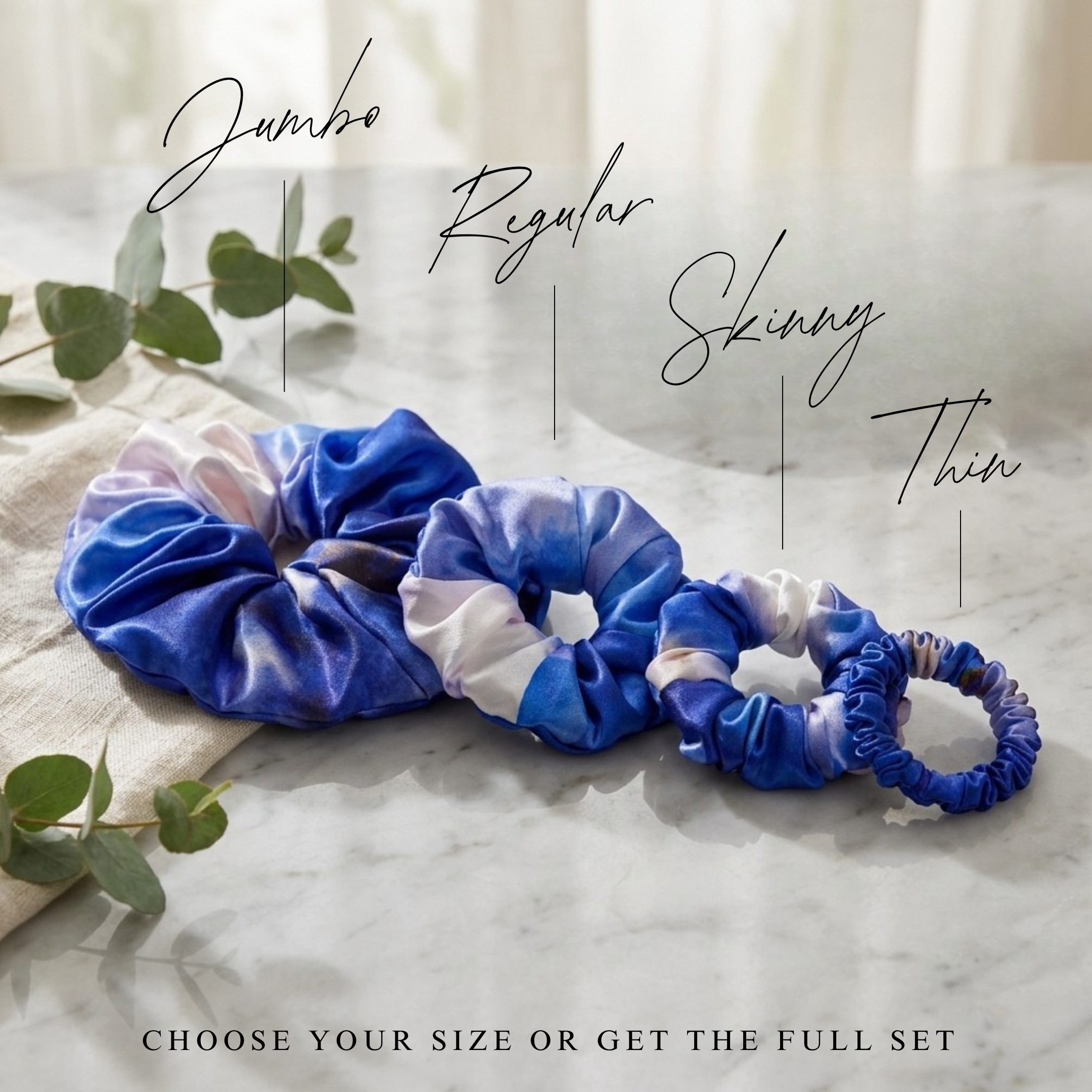 NOCHKA Lavender Indigo Print of Silk Scrunchies – Ultra Thin, Skinny, Regular & Jumbo
