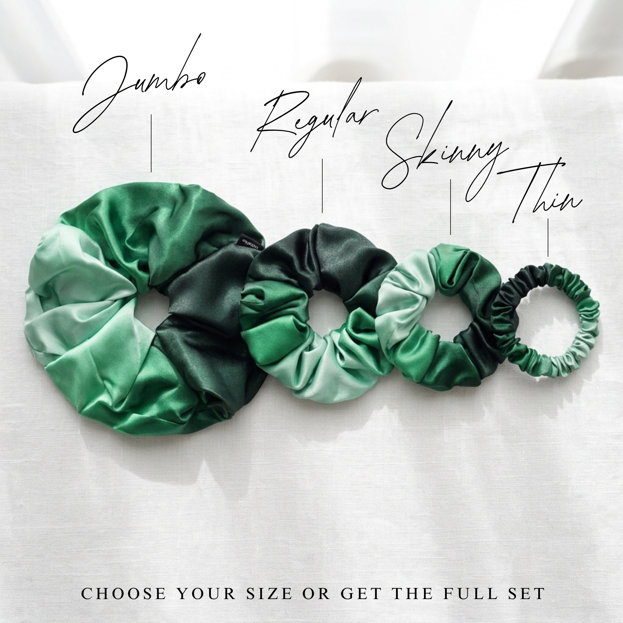NOCHKA Green Gradient Print of Silk Scrunchies – Ultra Thin, Skinny, Regular & Jumbo
