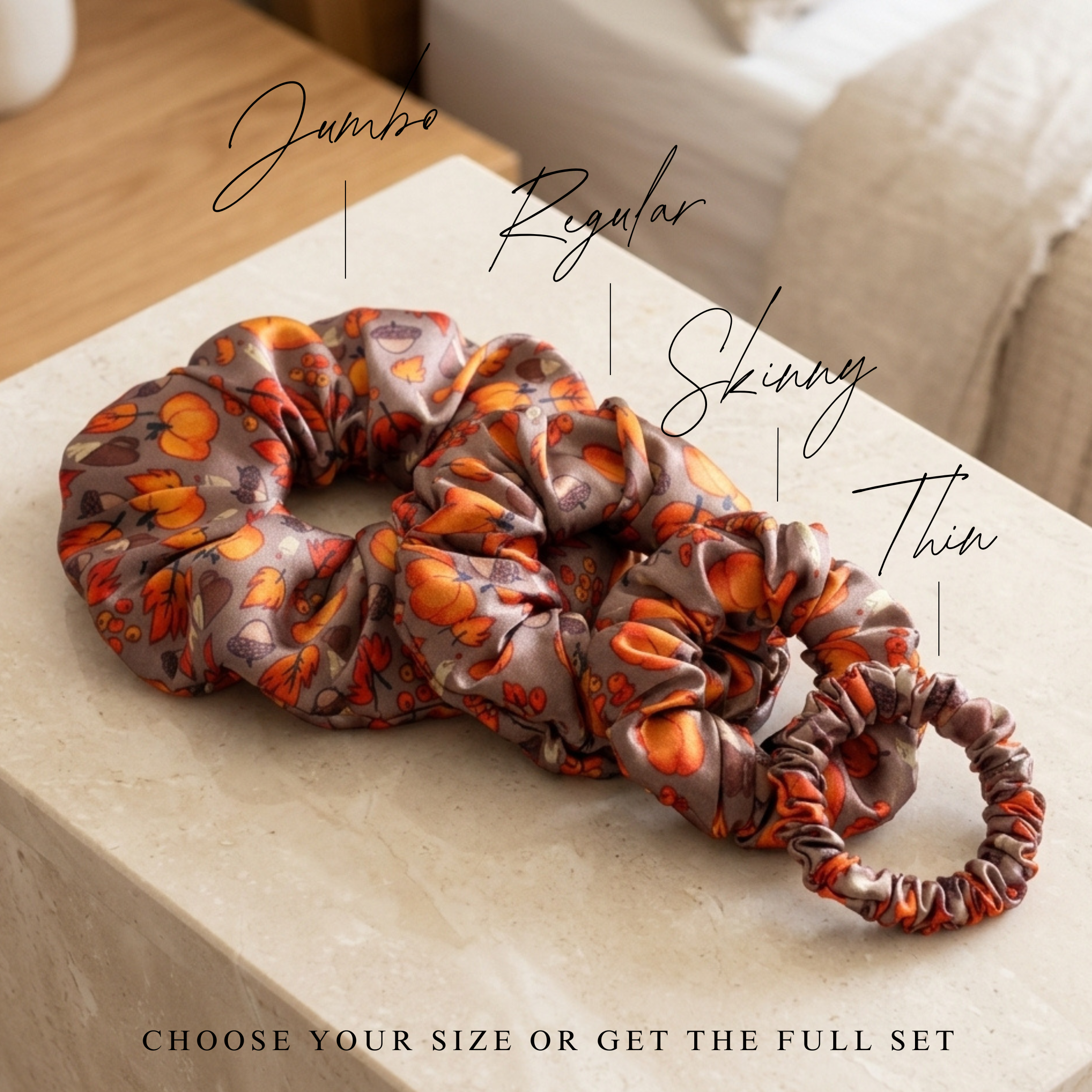 NOCHKA Fall Theme Print of Silk Scrunchies – Ultra Thin, Skinny, Regular & Jumbo
