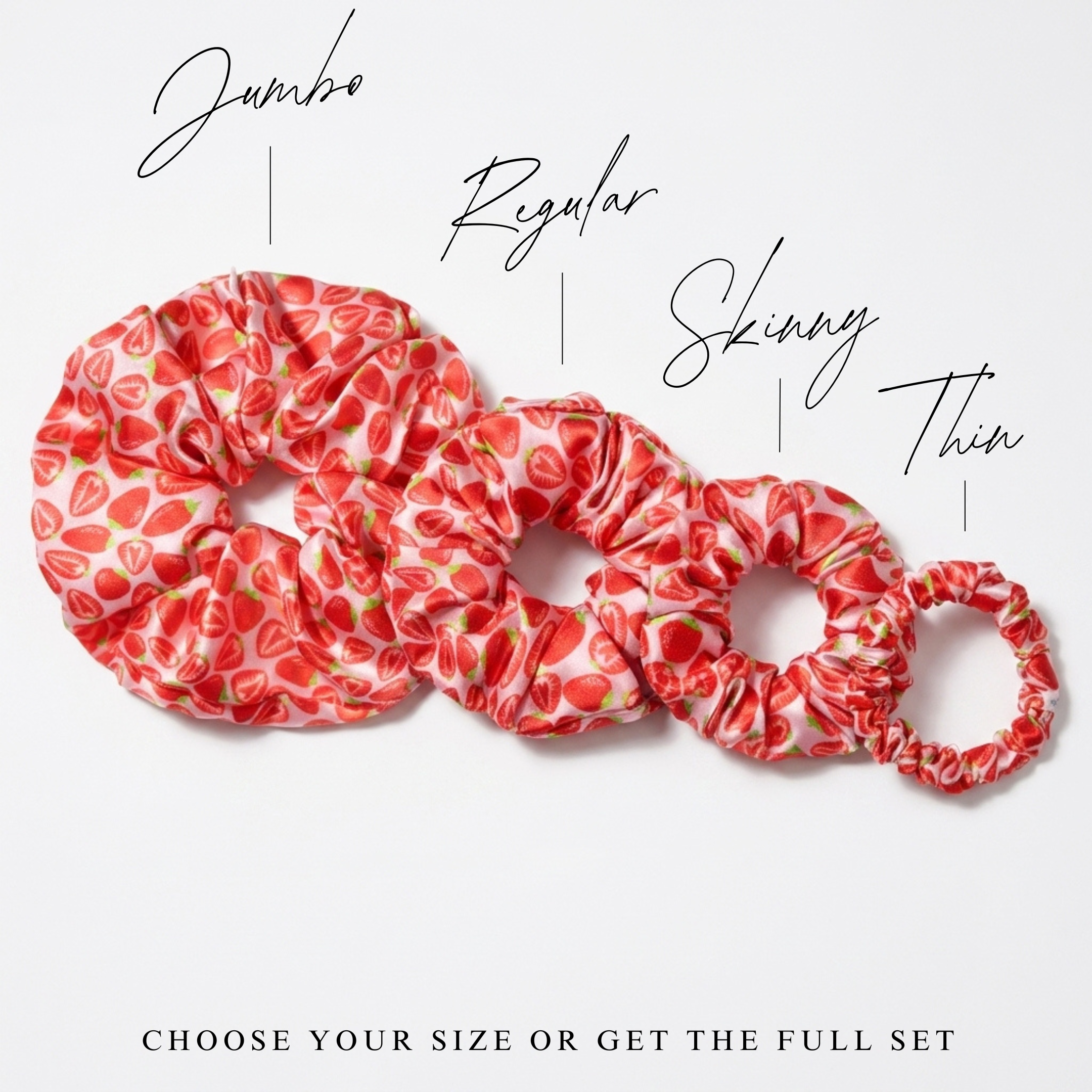 NOCHKA Strawberry Print of Silk Scrunchies – Ultra Thin, Skinny, Regular & Jumbo

