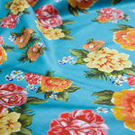 Vintage Peonies Print on Blue 100% Pure Mulberry Silk Fabric 19mm 54" Width Pre-Cut Silk Fabric
