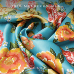 NOCHKA Peonies on Aqua Print of Silk Scrunchies – Ultra Thin, Skinny, Regular & Jumbo

