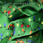 NOCHKA Christmas Lights on Green Print of Silk Scrunchies – Ultra Thin, Skinny, Regular & Jumbo
