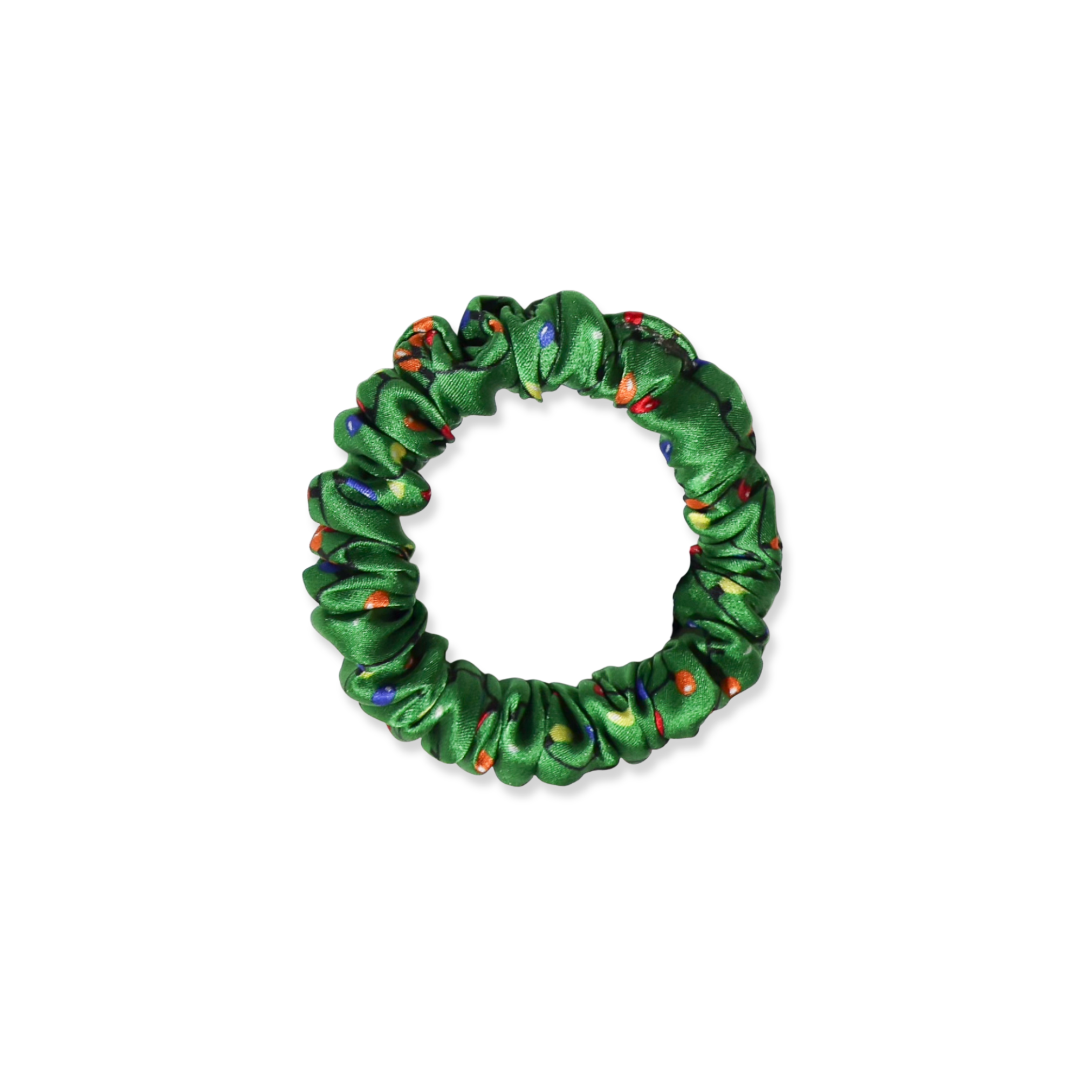 NOCHKA Christmas Lights on Green Print of Silk Scrunchies – Ultra Thin, Skinny, Regular & Jumbo
