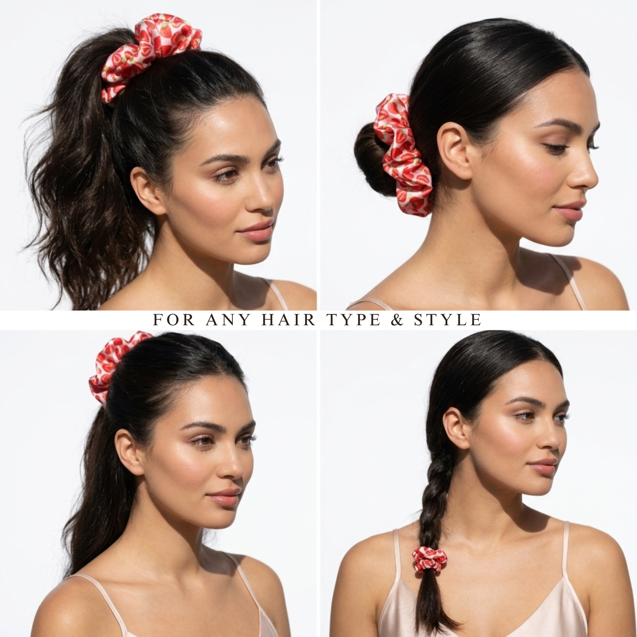 NOCHKA Strawberry Print of Silk Scrunchies – Ultra Thin, Skinny, Regular & Jumbo
