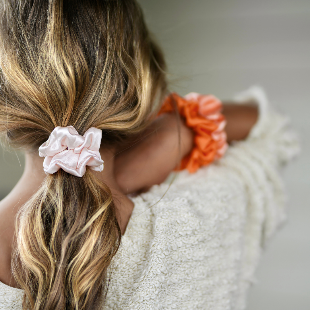 Peach Shades of 3 Skinny Mulberry Silk Scrunchies | 100% Silk
