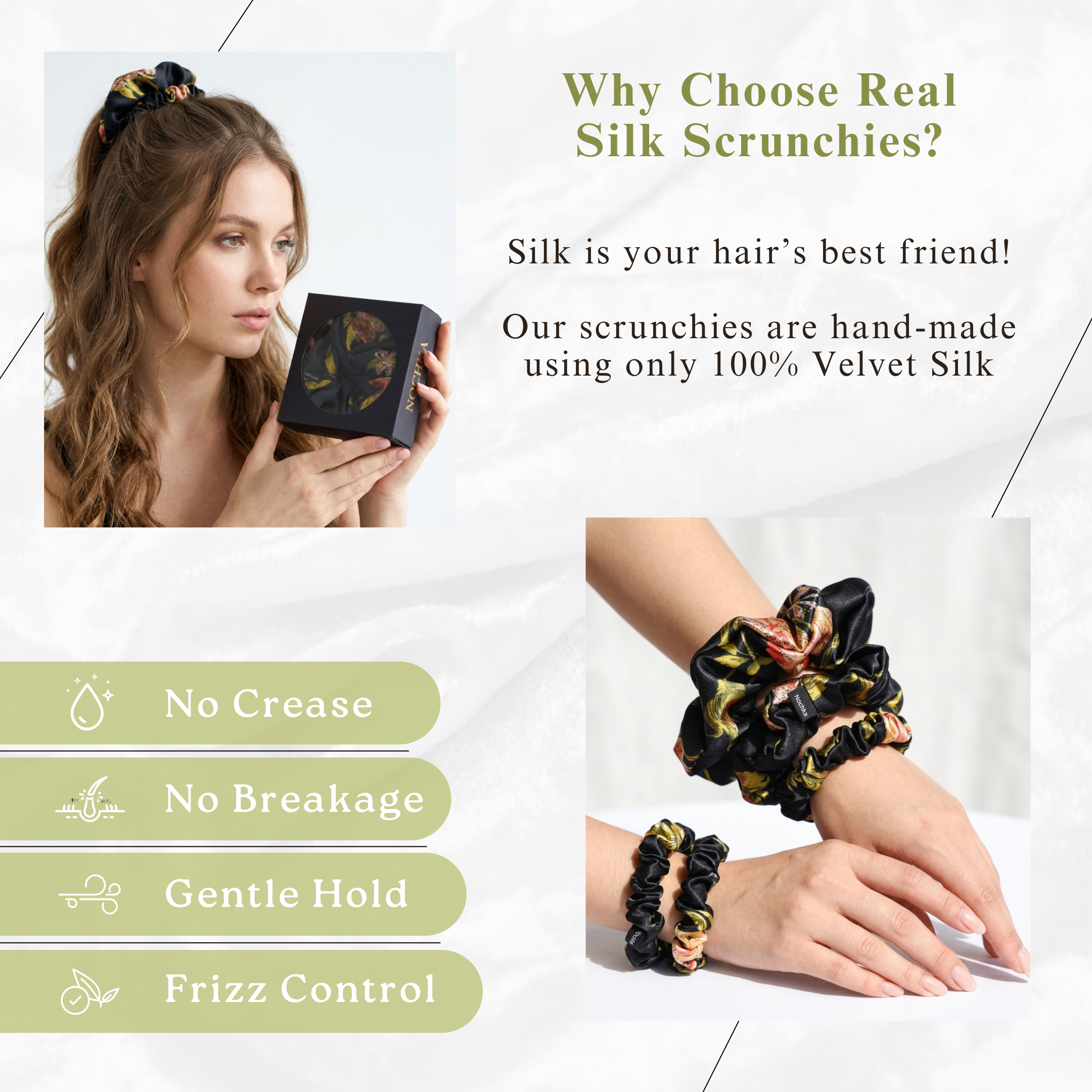 NOCHKA Wild Rose Print of Silk Scrunchies – Ultra Thin, Skinny, Regular & Jumbo
