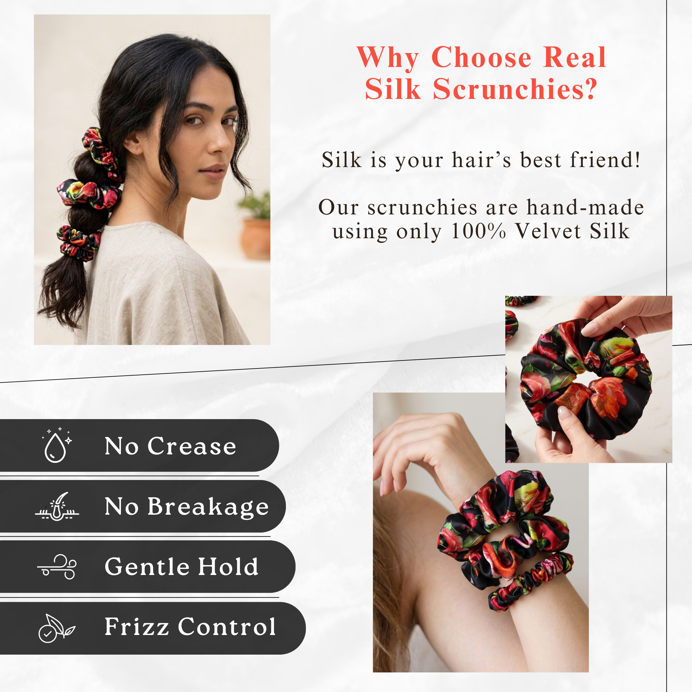NOCHKA Black Peonies Print of Silk Scrunchies – Ultra Thin, Skinny, Regular & Jumbo
