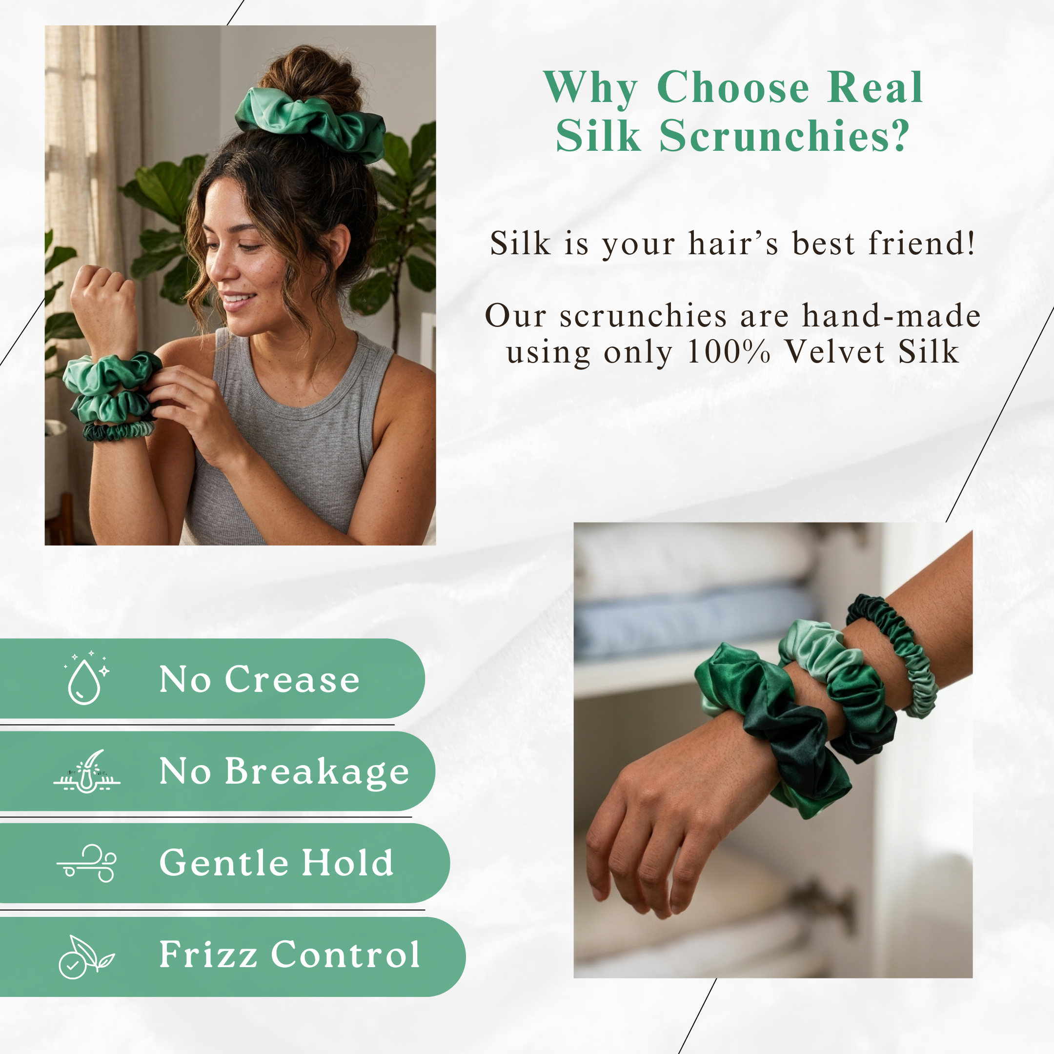 NOCHKA Green Gradient Print of Silk Scrunchies – Ultra Thin, Skinny, Regular & Jumbo
