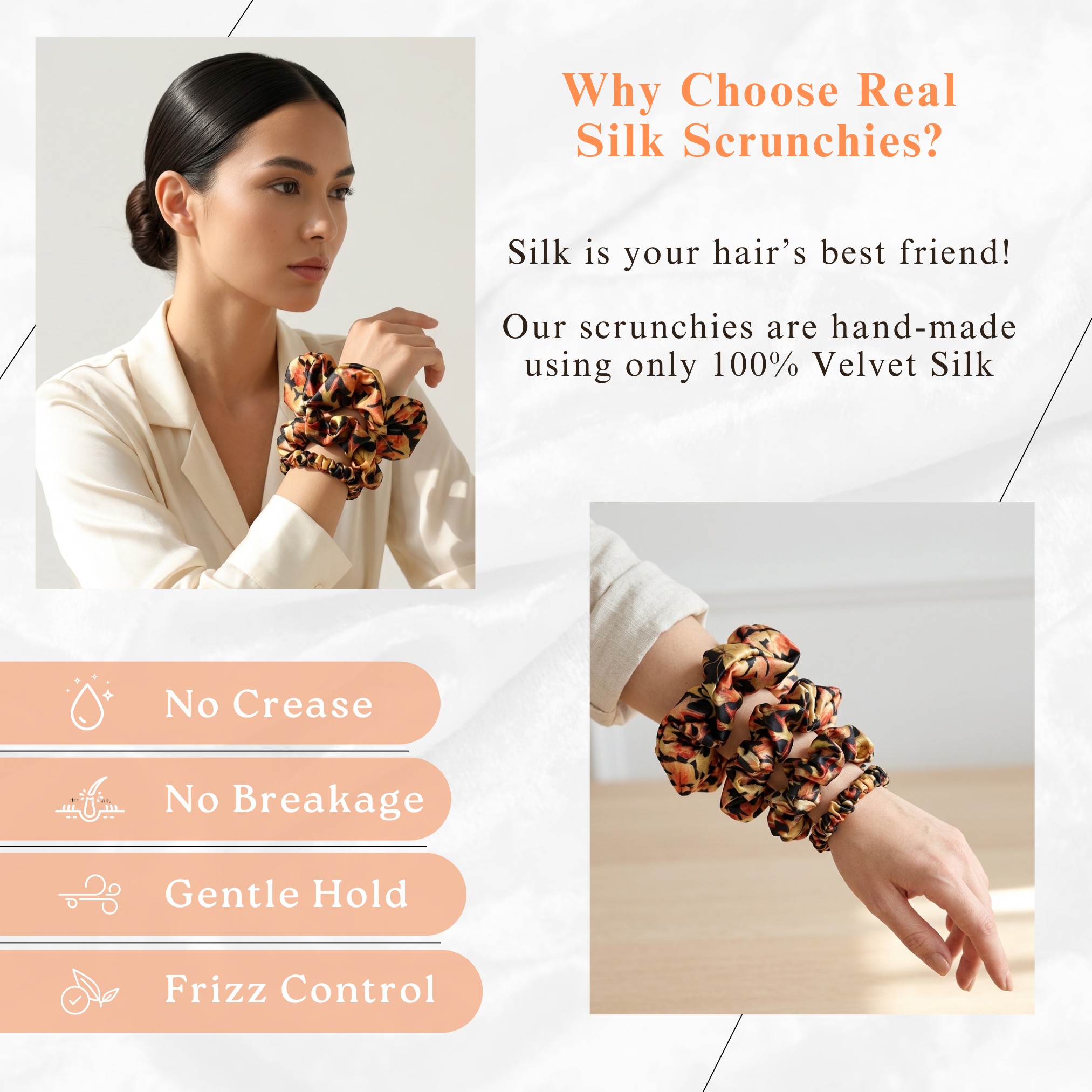 NOCHKA Fall Leaves Print of Silk Scrunchies – Ultra Thin, Skinny, Regular & Jumbo
