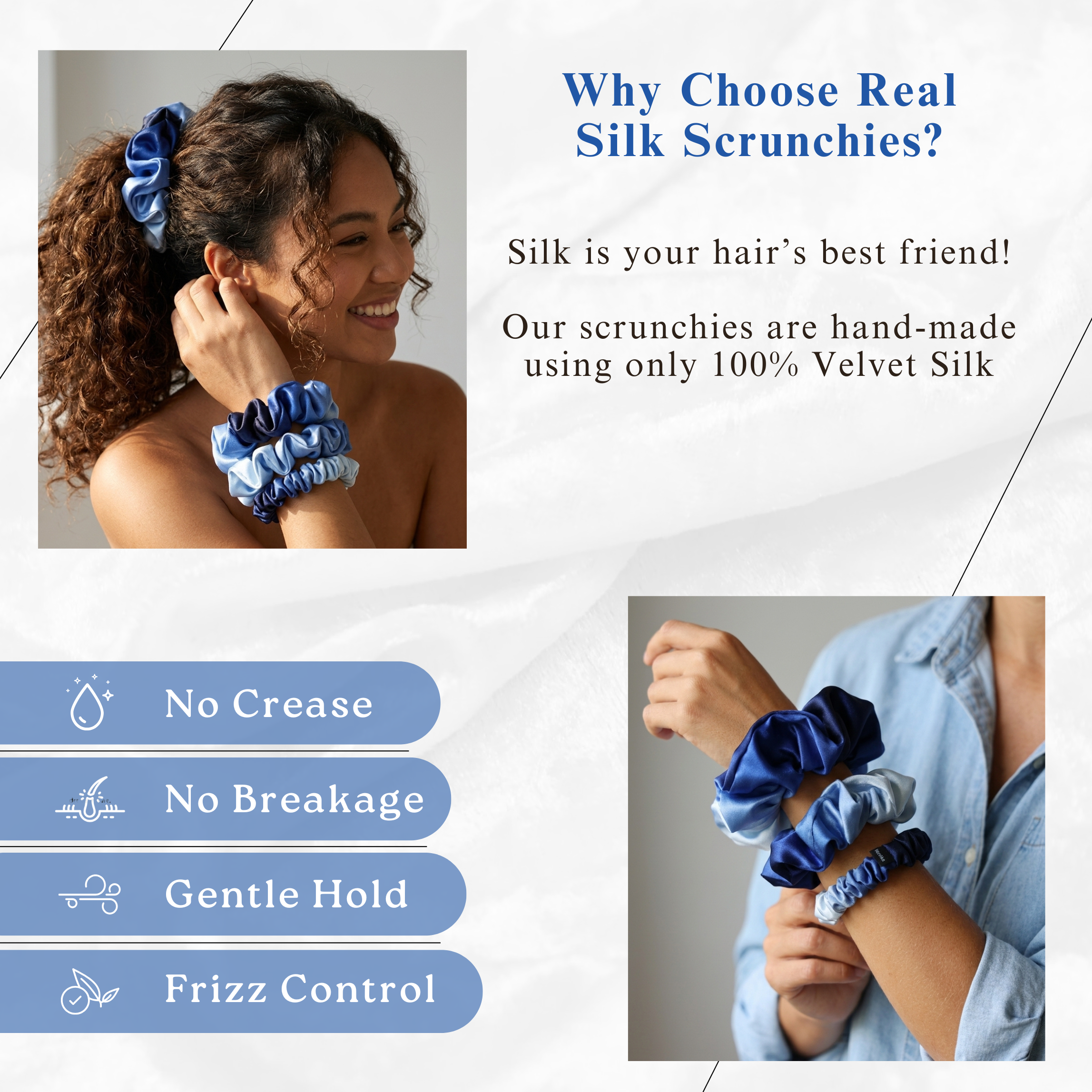 NOCHKA Blue Gradient Print of Silk Scrunchies – Ultra Thin, Skinny, Regular & Jumbo
