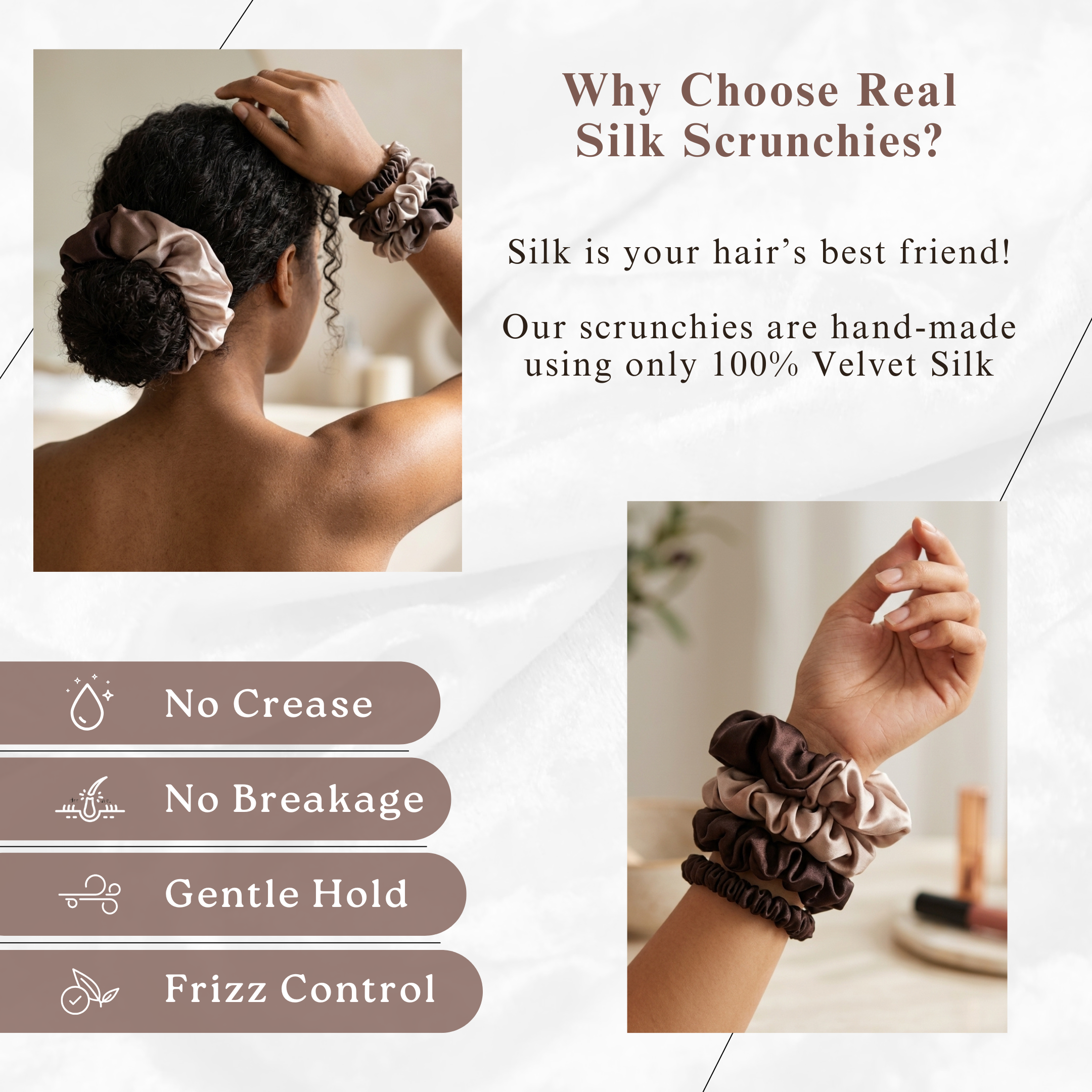 NOCHKA Brown Gradient Print of Silk Scrunchies – Ultra Thin, Skinny, Regular & Jumbo
